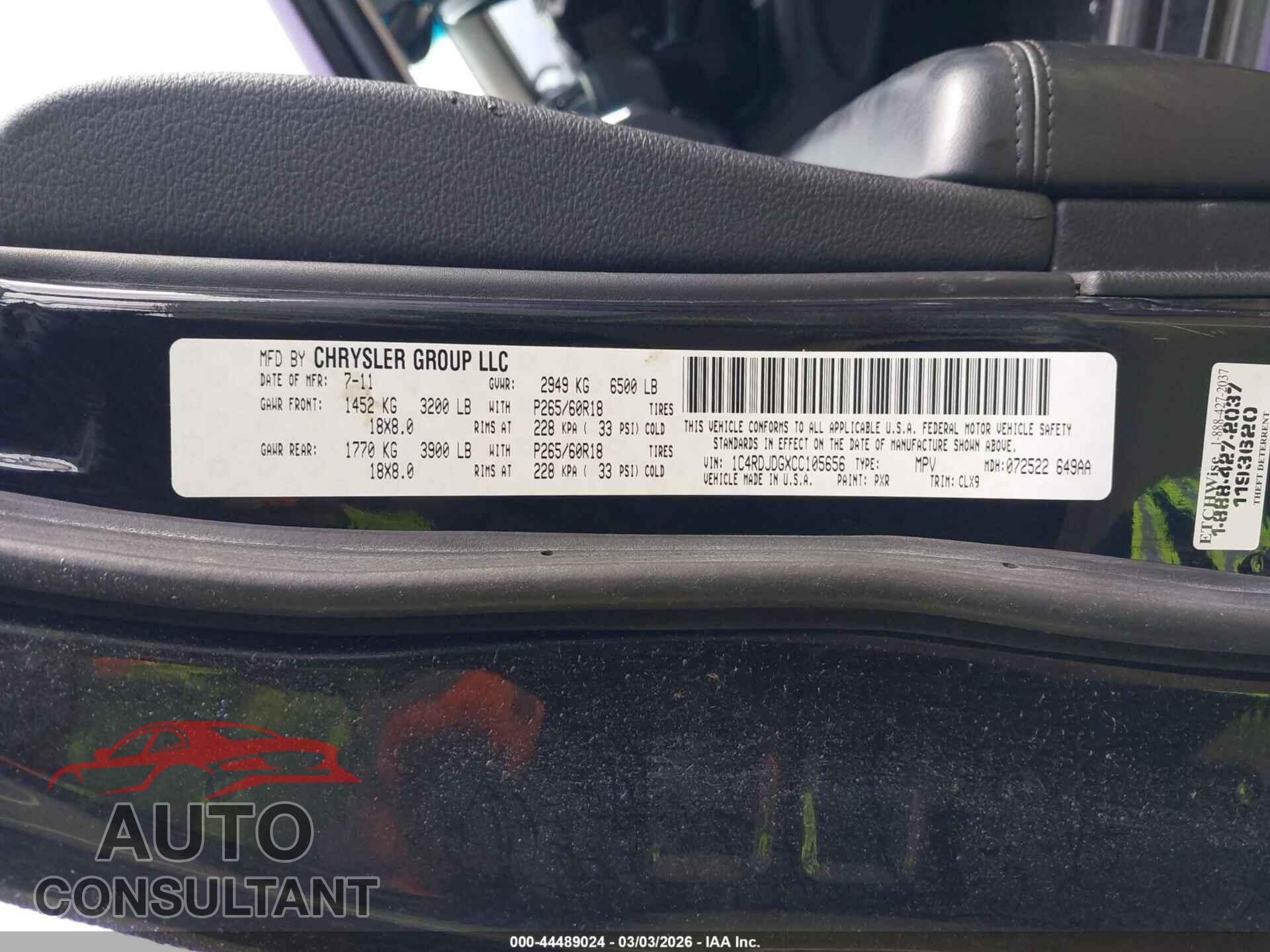 DODGE DURANGO 2012 - 1C4RDJDGXCC105656