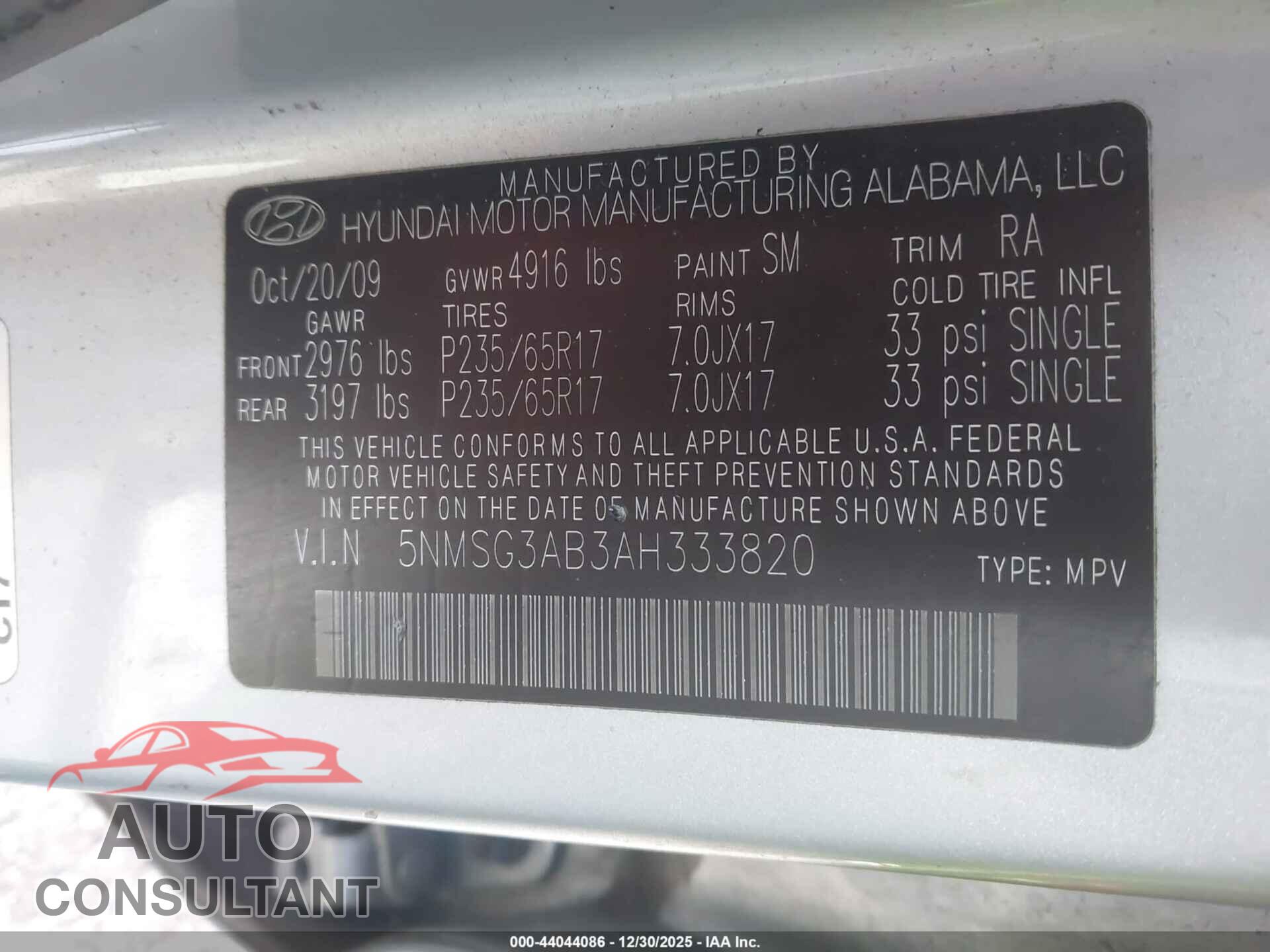 HYUNDAI SANTA FE 2010 - 5NMSG3AB3AH333820