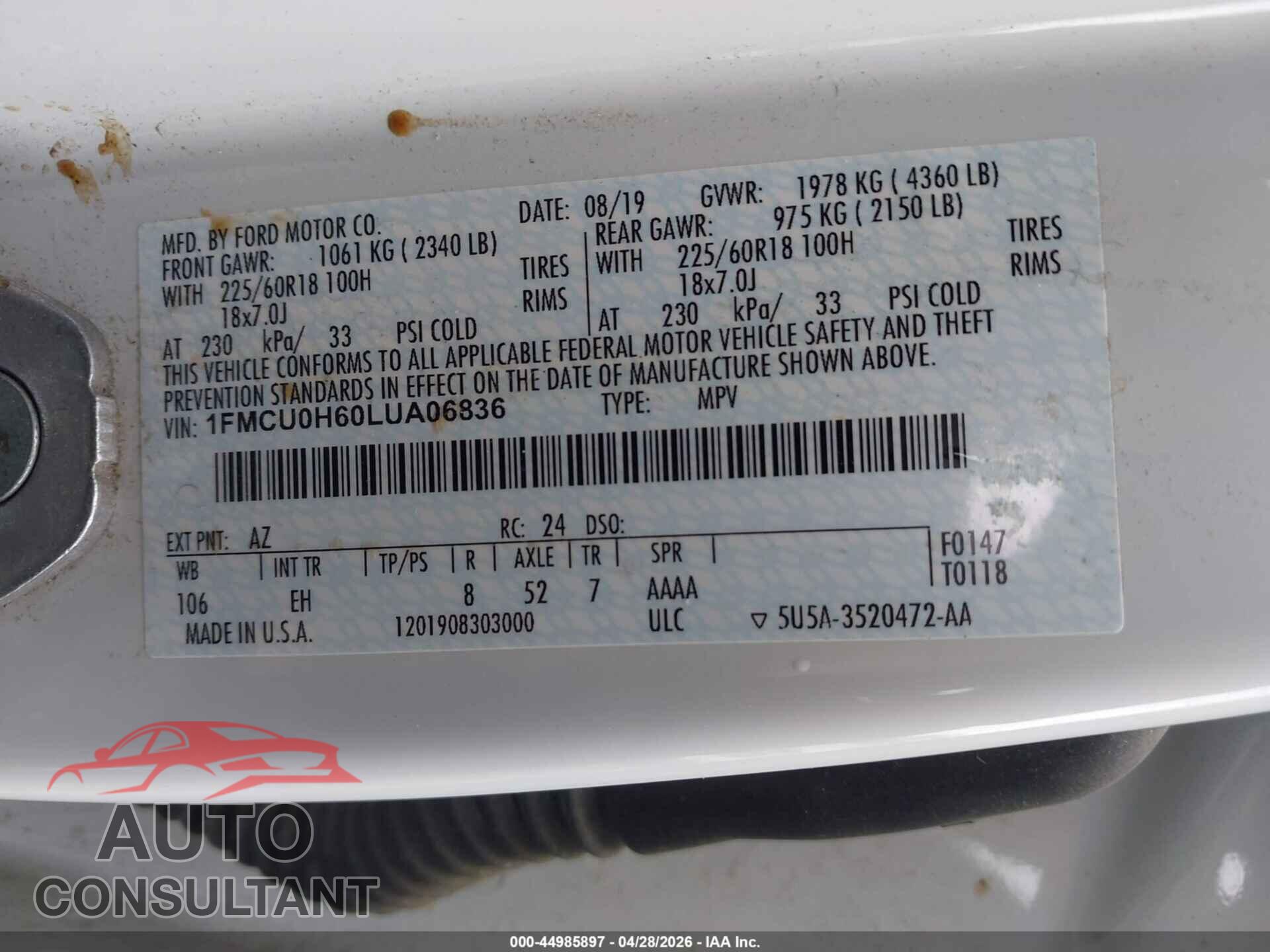 FORD ESCAPE 2020 - 1FMCU0H60LUA06836