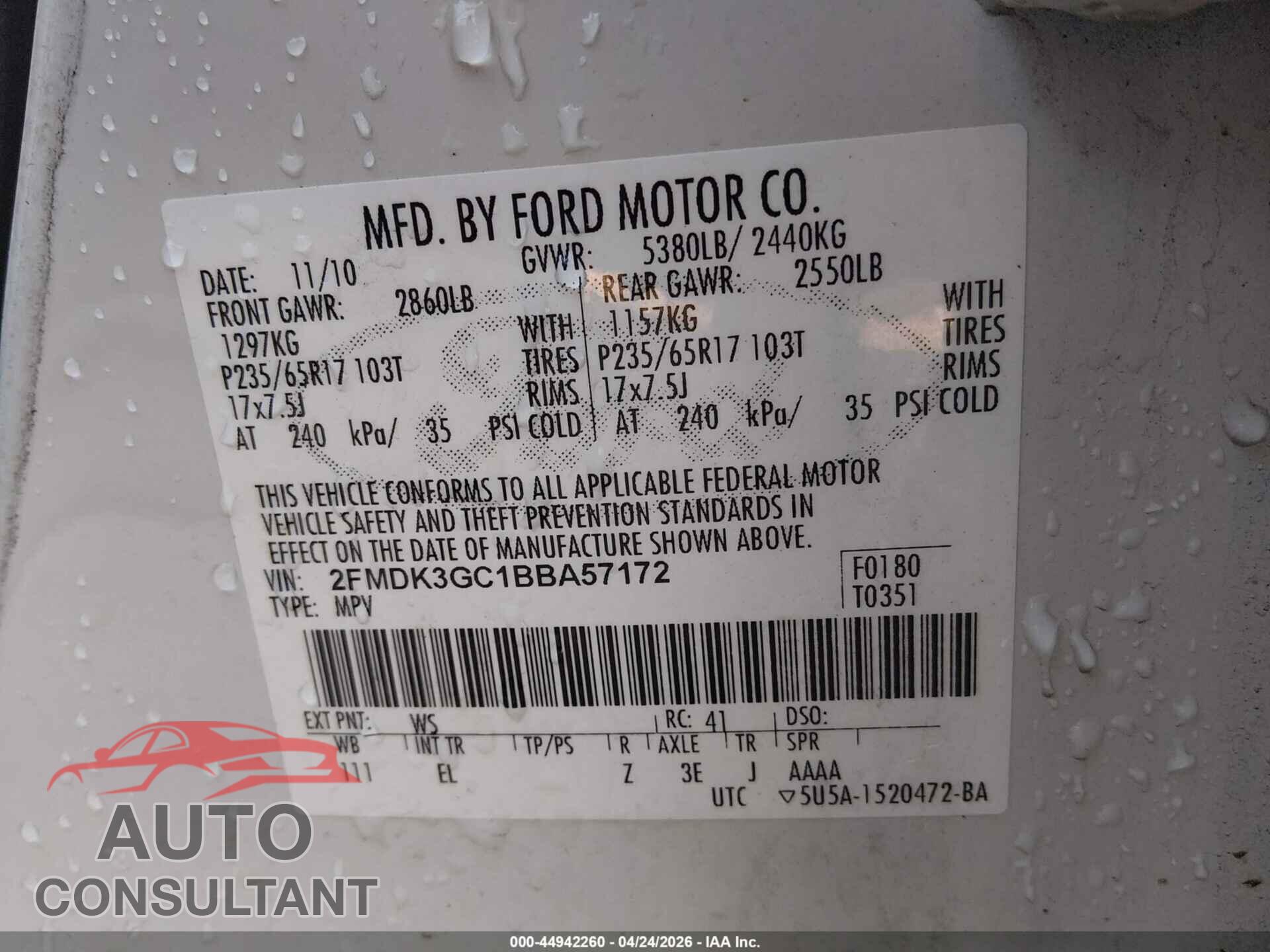 FORD EDGE 2011 - 2FMDK3GC1BBA57172