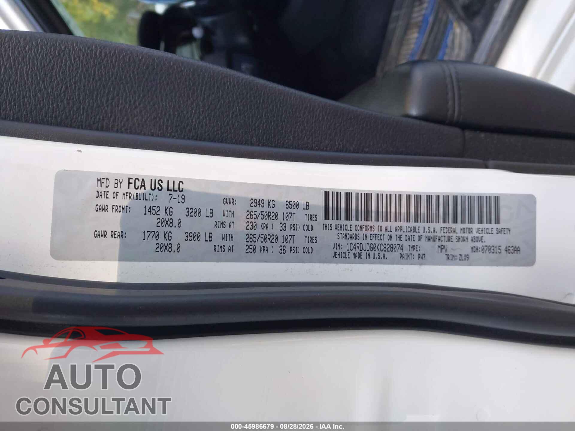 DODGE DURANGO 2019 - 1C4RDJDG0KC828074
