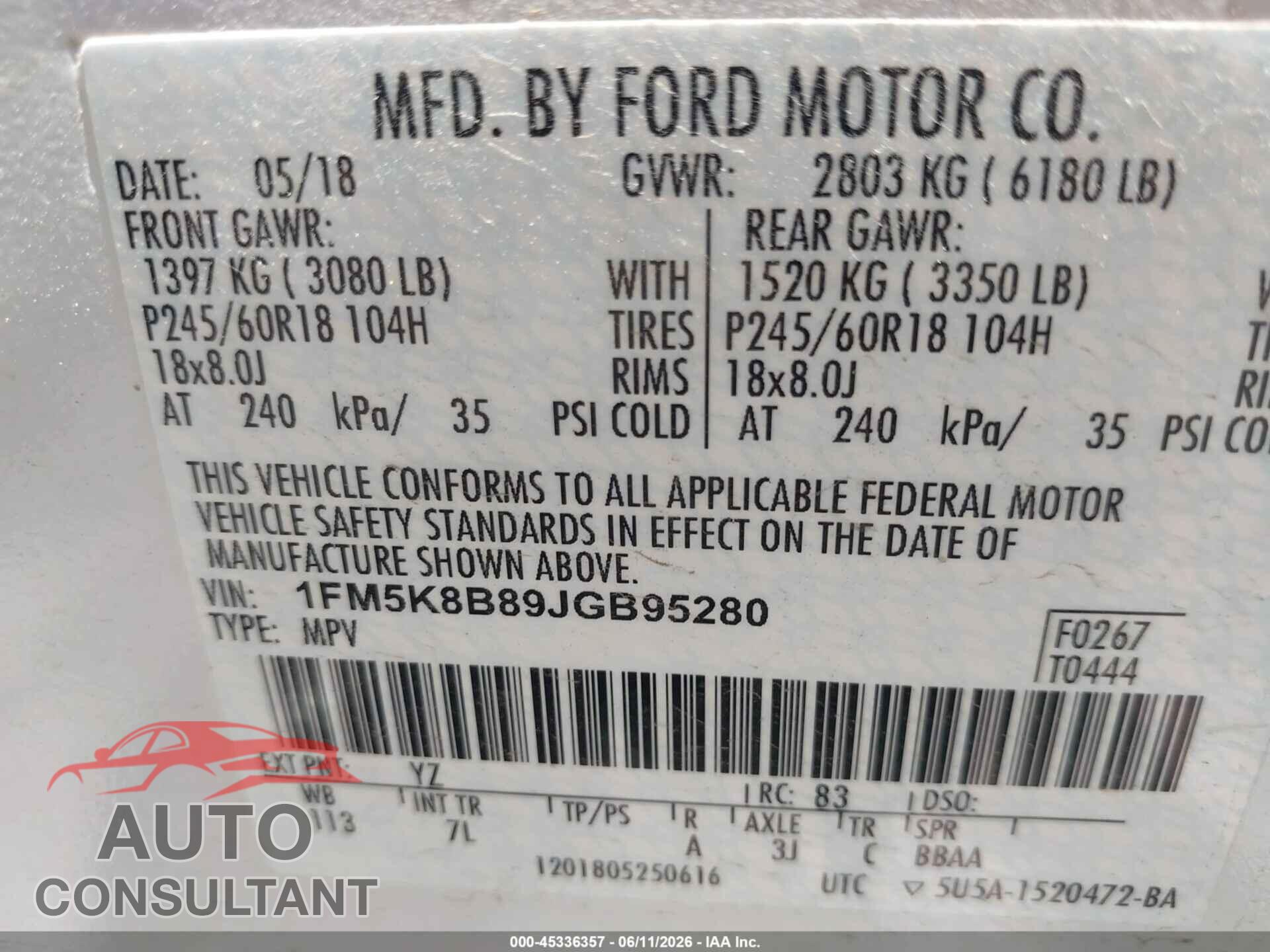 FORD EXPLORER 2018 - 1FM5K8B89JGB95280
