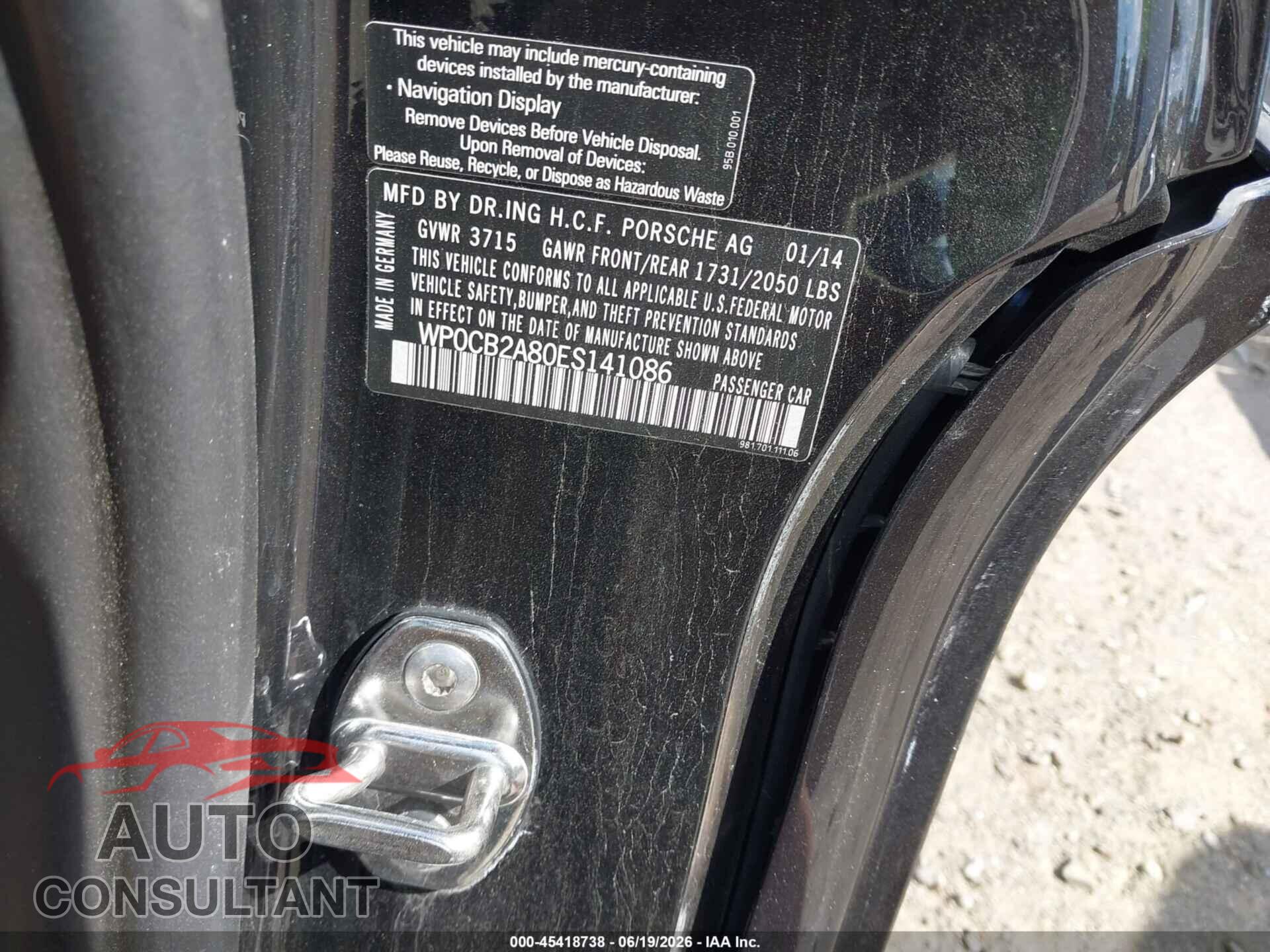 PORSCHE BOXSTER 2014 - WP0CB2A80ES141086