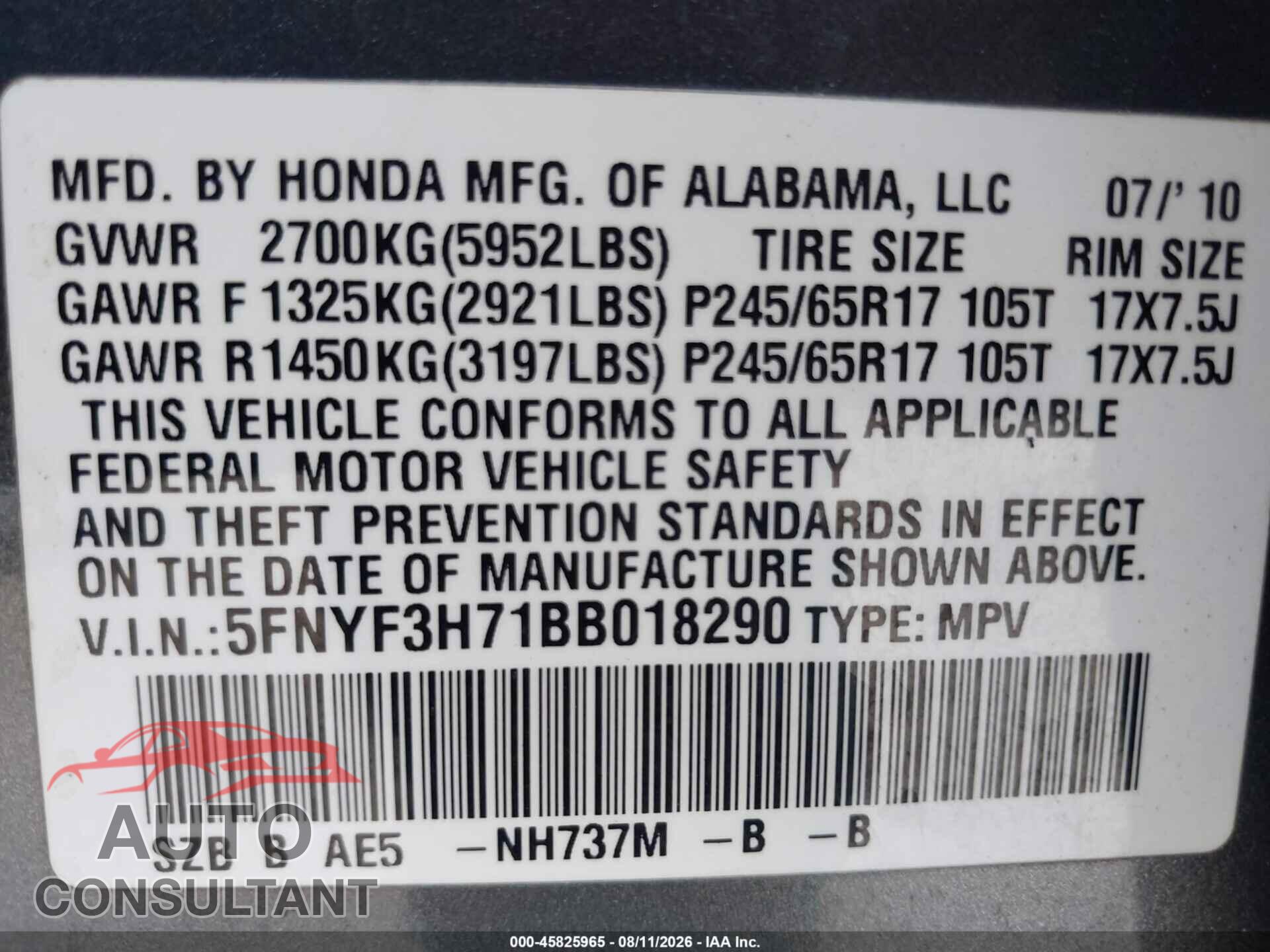HONDA PILOT 2011 - 5FNYF3H71BB018290
