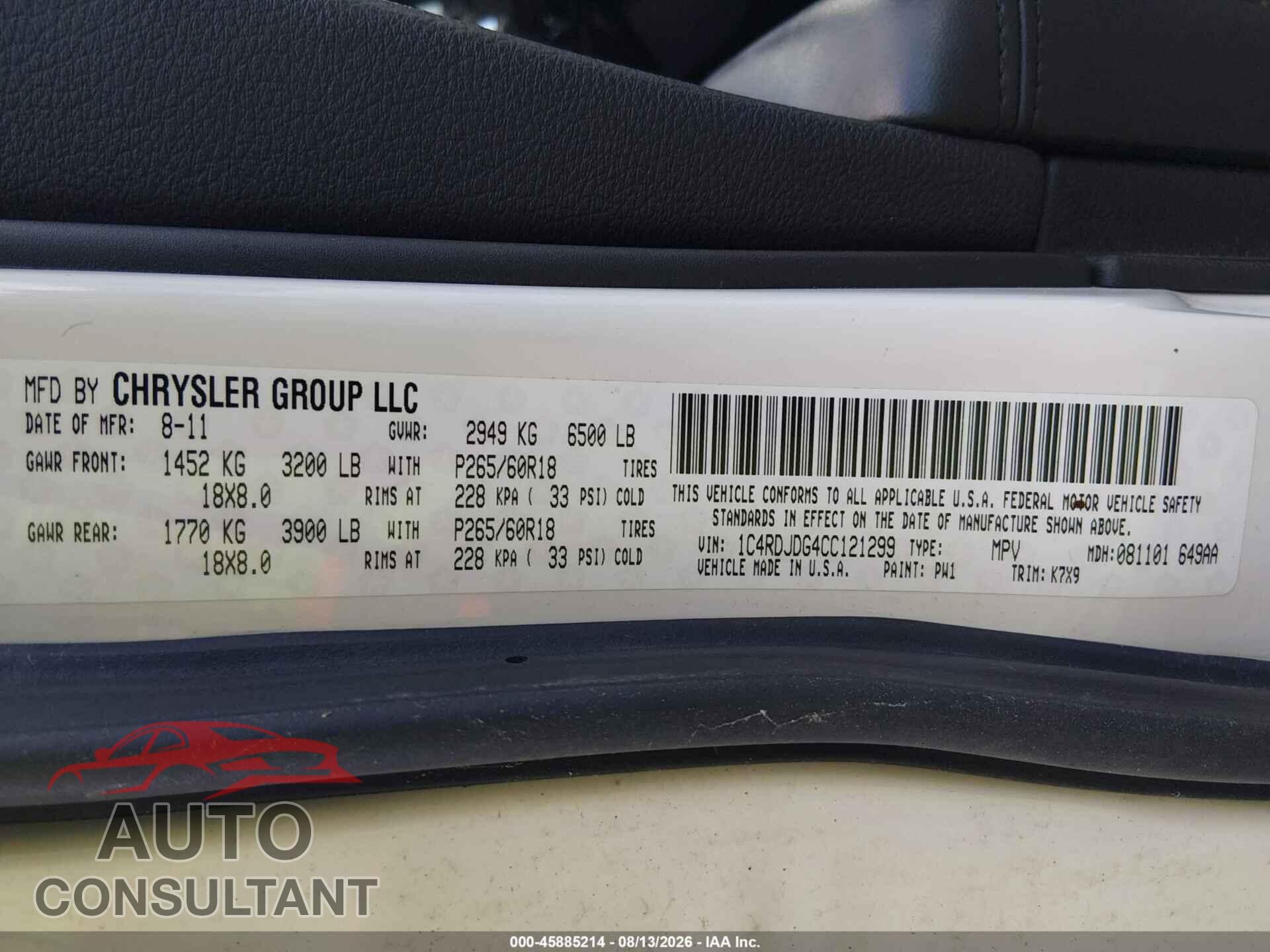 DODGE DURANGO 2012 - 1C4RDJDG4CC121299