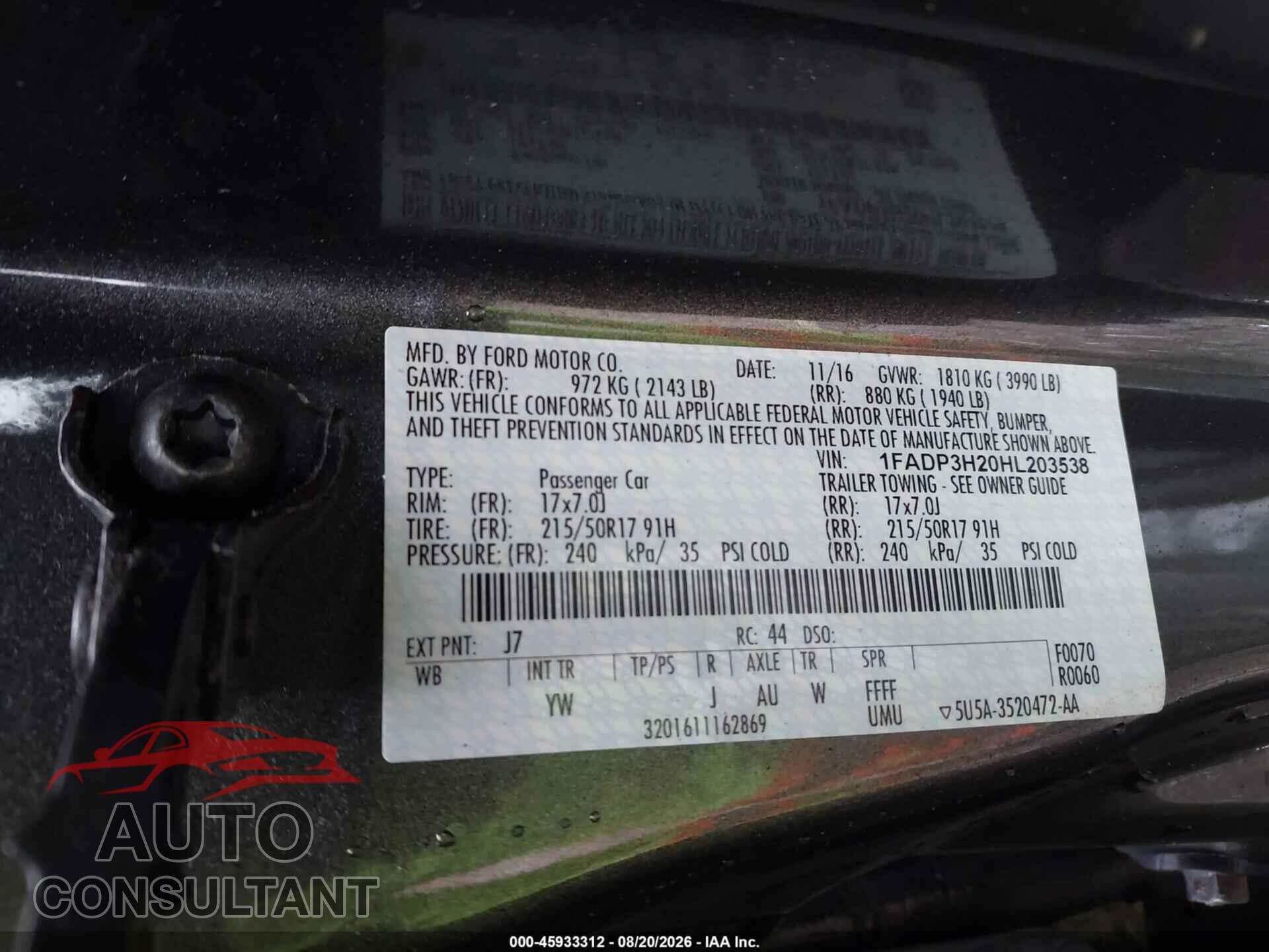 FORD FOCUS 2017 - 1FADP3H20HL203538