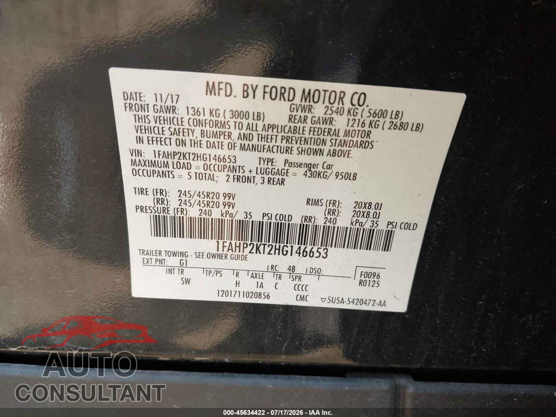 FORD TAURUS 2017 - 1FAHP2KT2HG146653