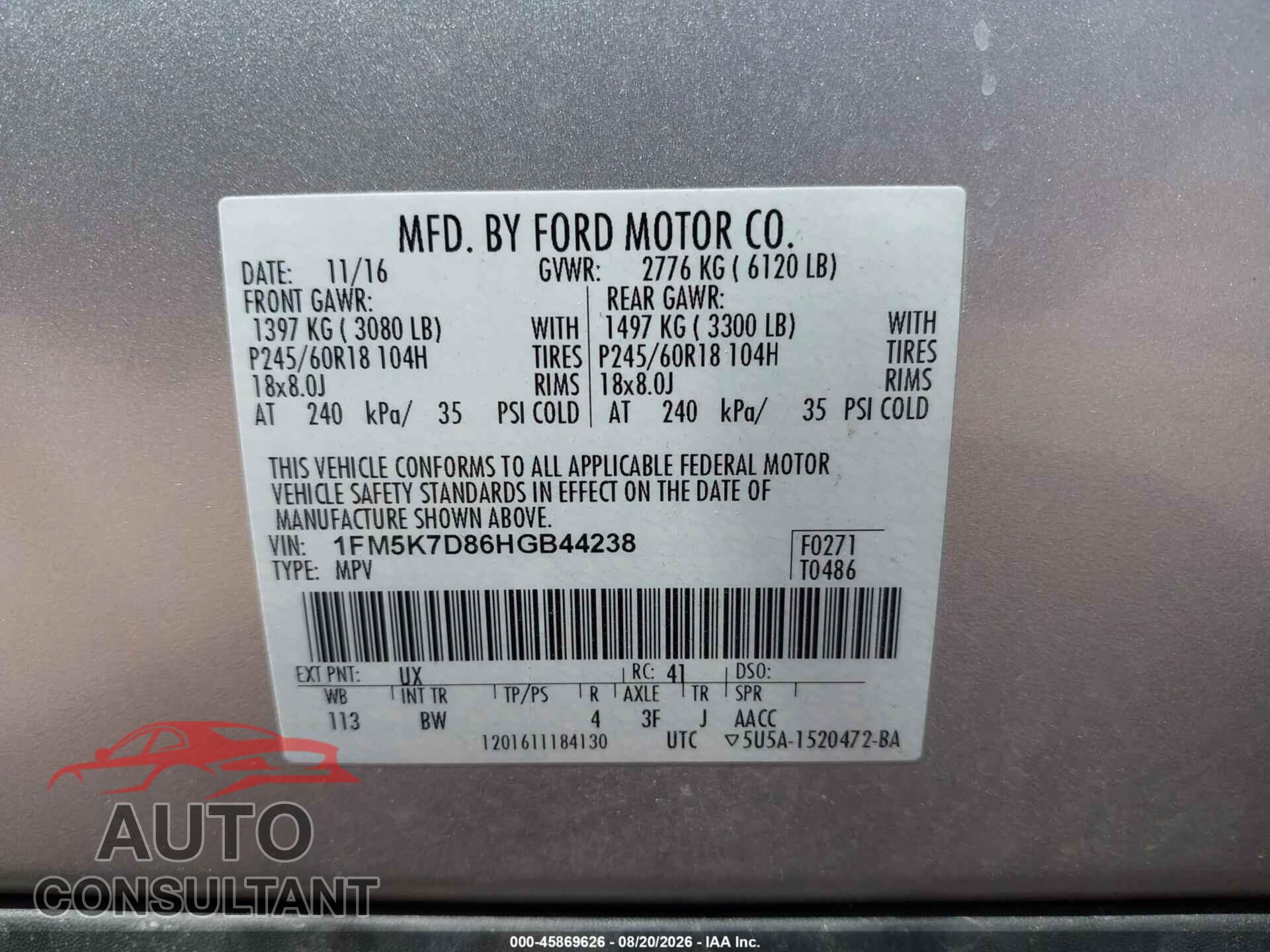 FORD EXPLORER 2017 - 1FM5K7D86HGB44238