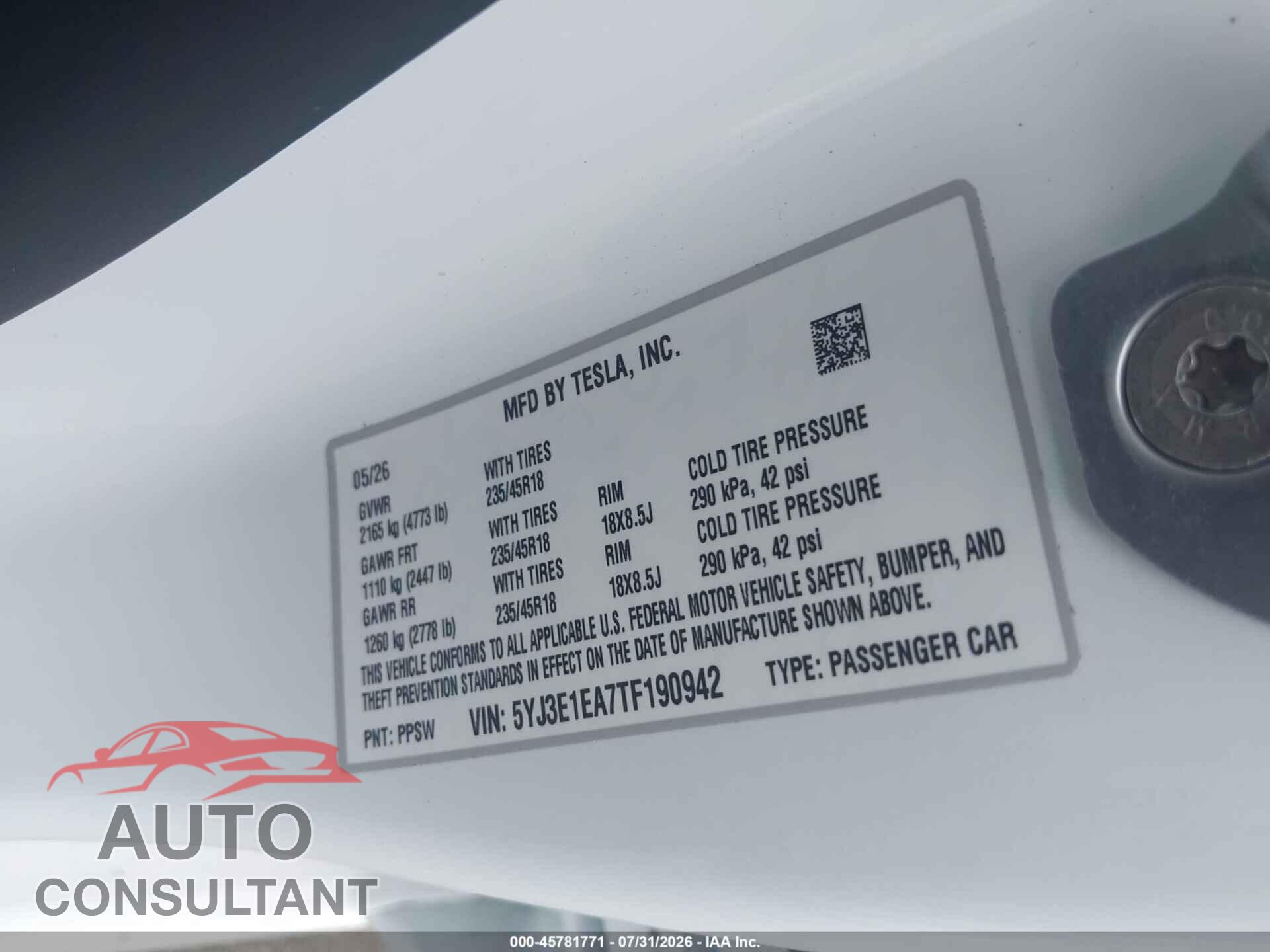 TESLA MODEL 3 2026 - 5YJ3E1EA7TF190942
