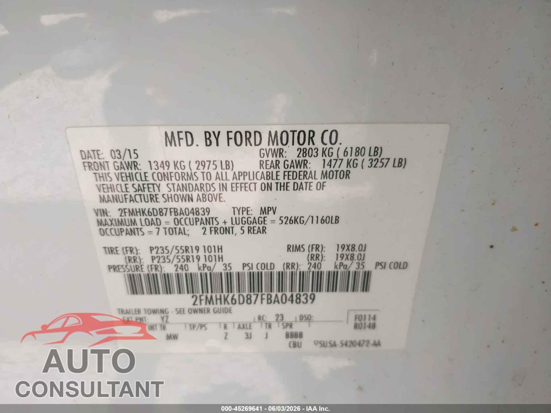 FORD FLEX 2015 - 2FMHK6D87FBA04839