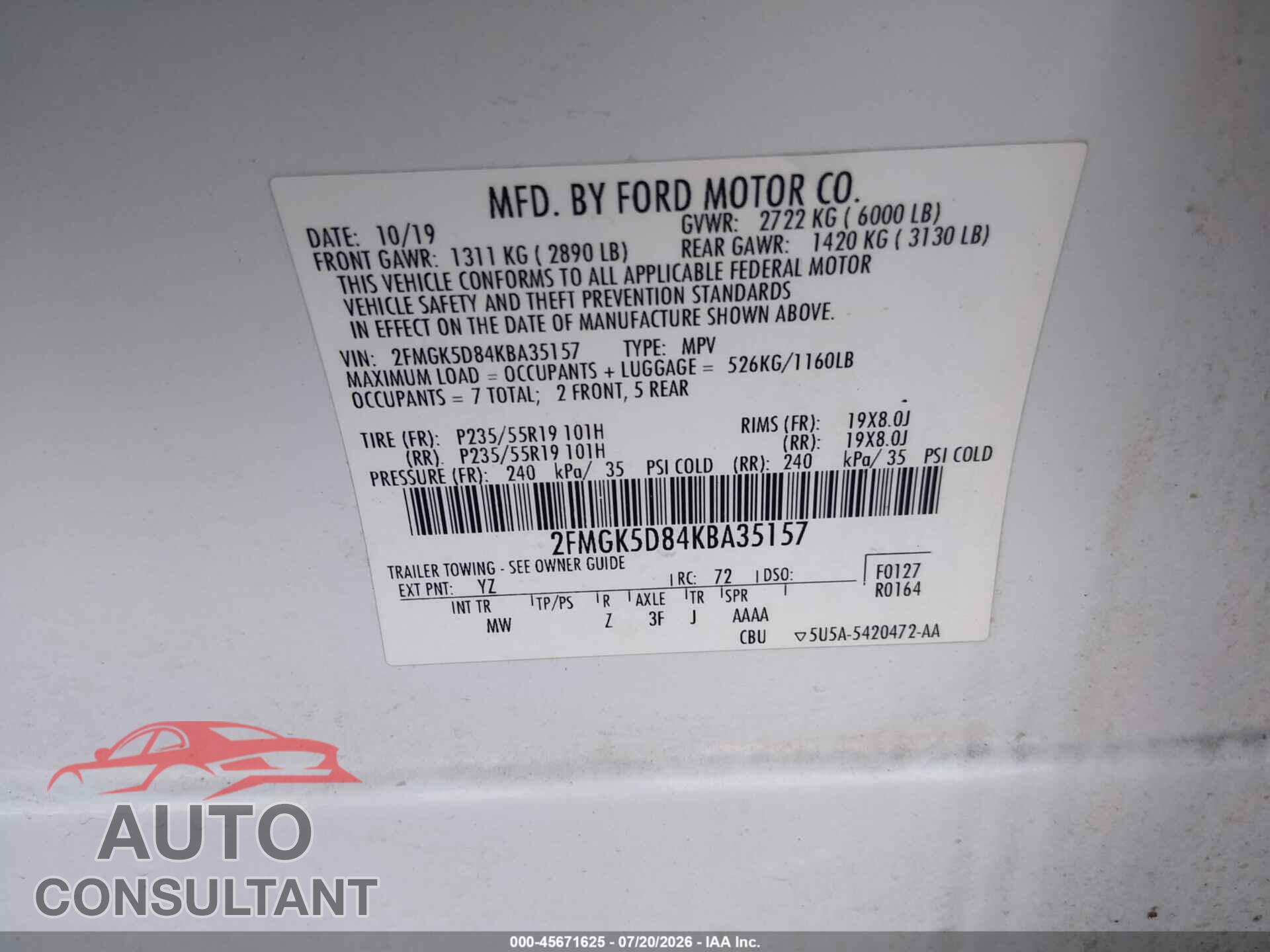 FORD FLEX 2019 - 2FMGK5D84KBA35157