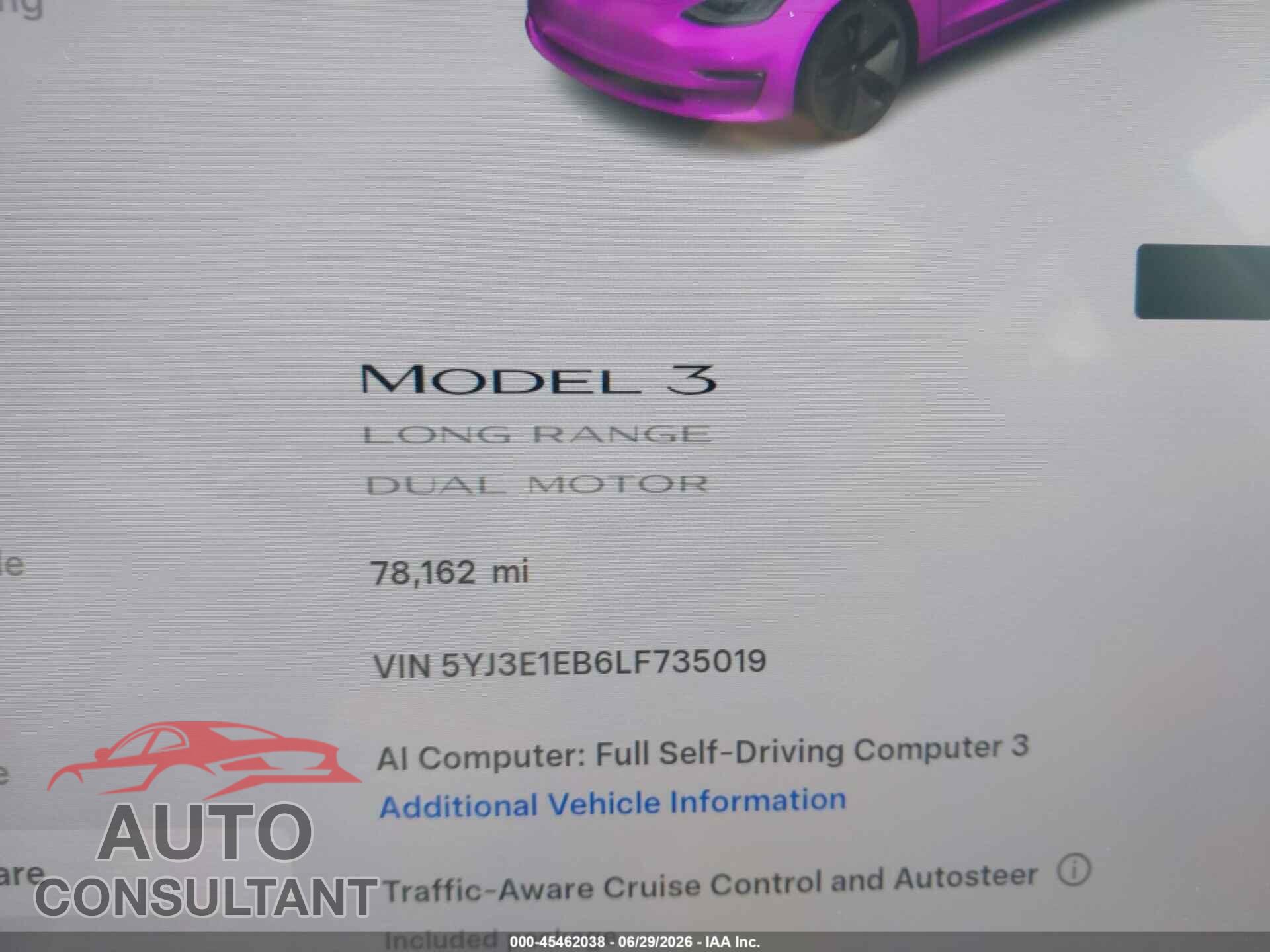 TESLA MODEL 3 2020 - 5YJ3E1EB6LF735019