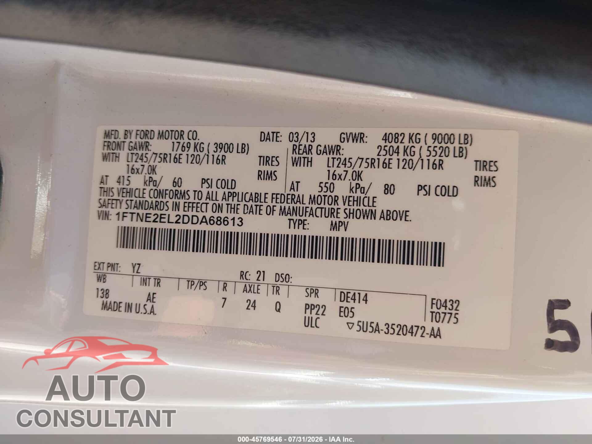 FORD E-250 2013 - 1FTNE2EL2DDA68613