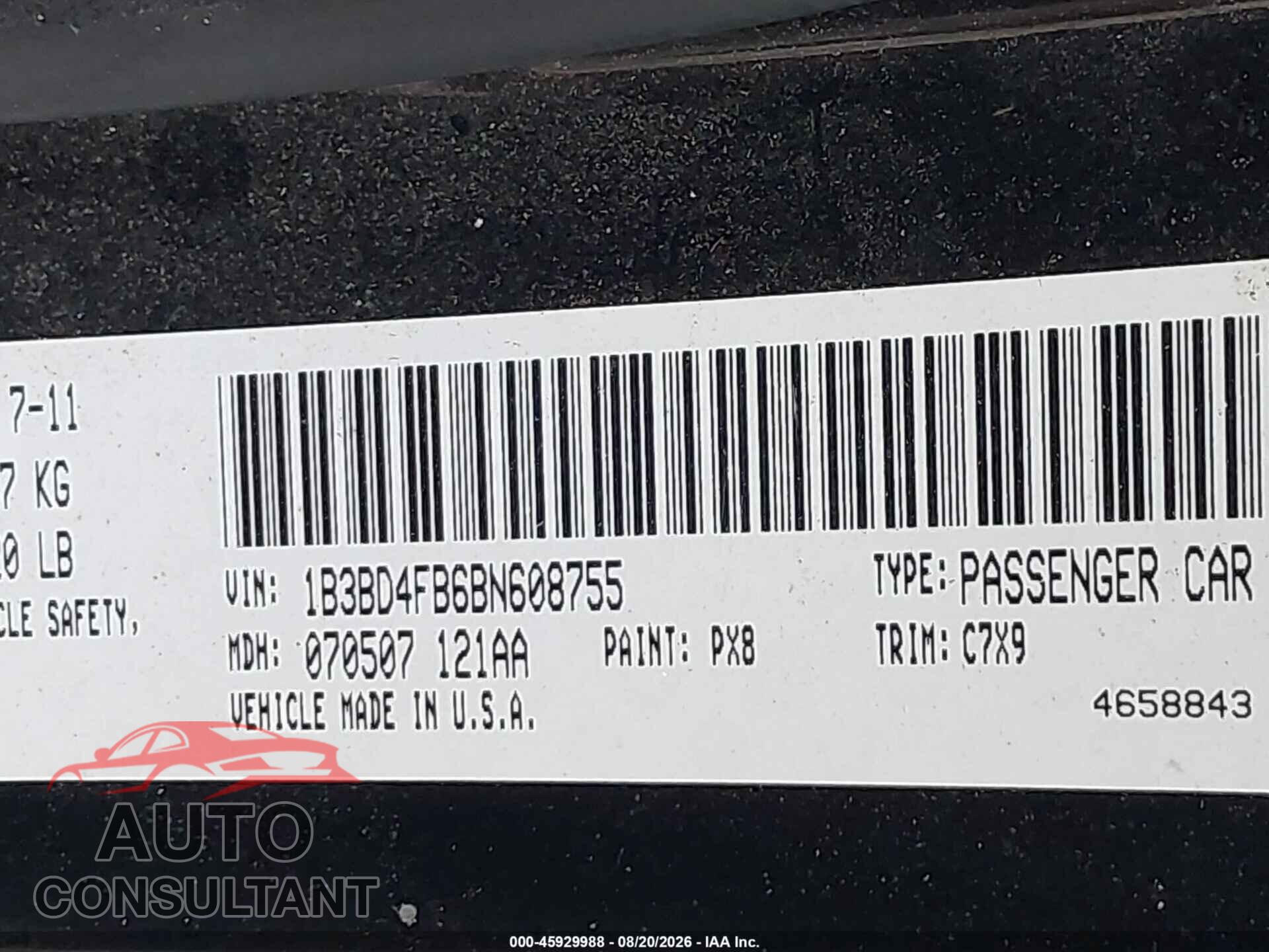 DODGE AVENGER 2011 - 1B3BD4FB6BN608755