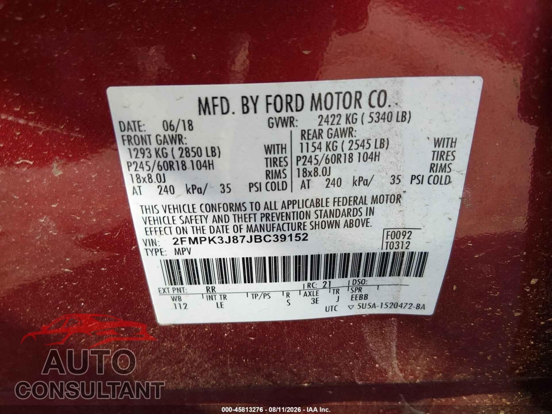 FORD EDGE 2018 - 2FMPK3J87JBC39152