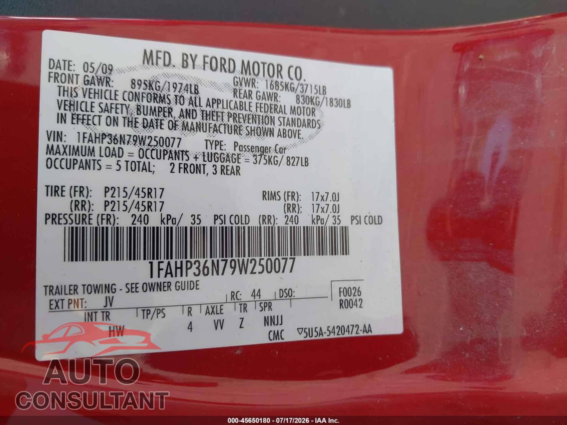 FORD FOCUS 2009 - 1FAHP36N79W250077