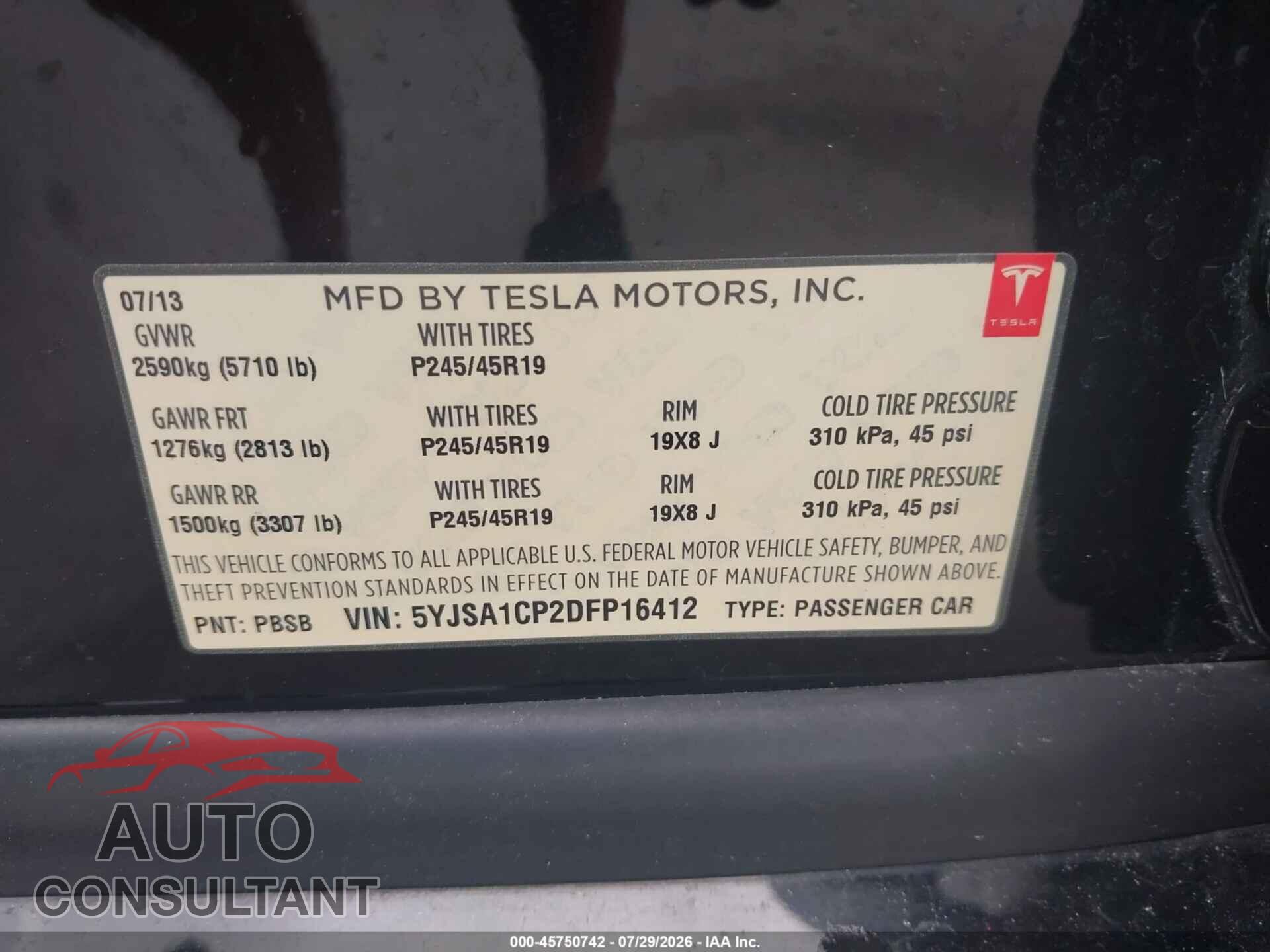 TESLA MODEL S 2013 - 5YJSA1CP2DFP16412