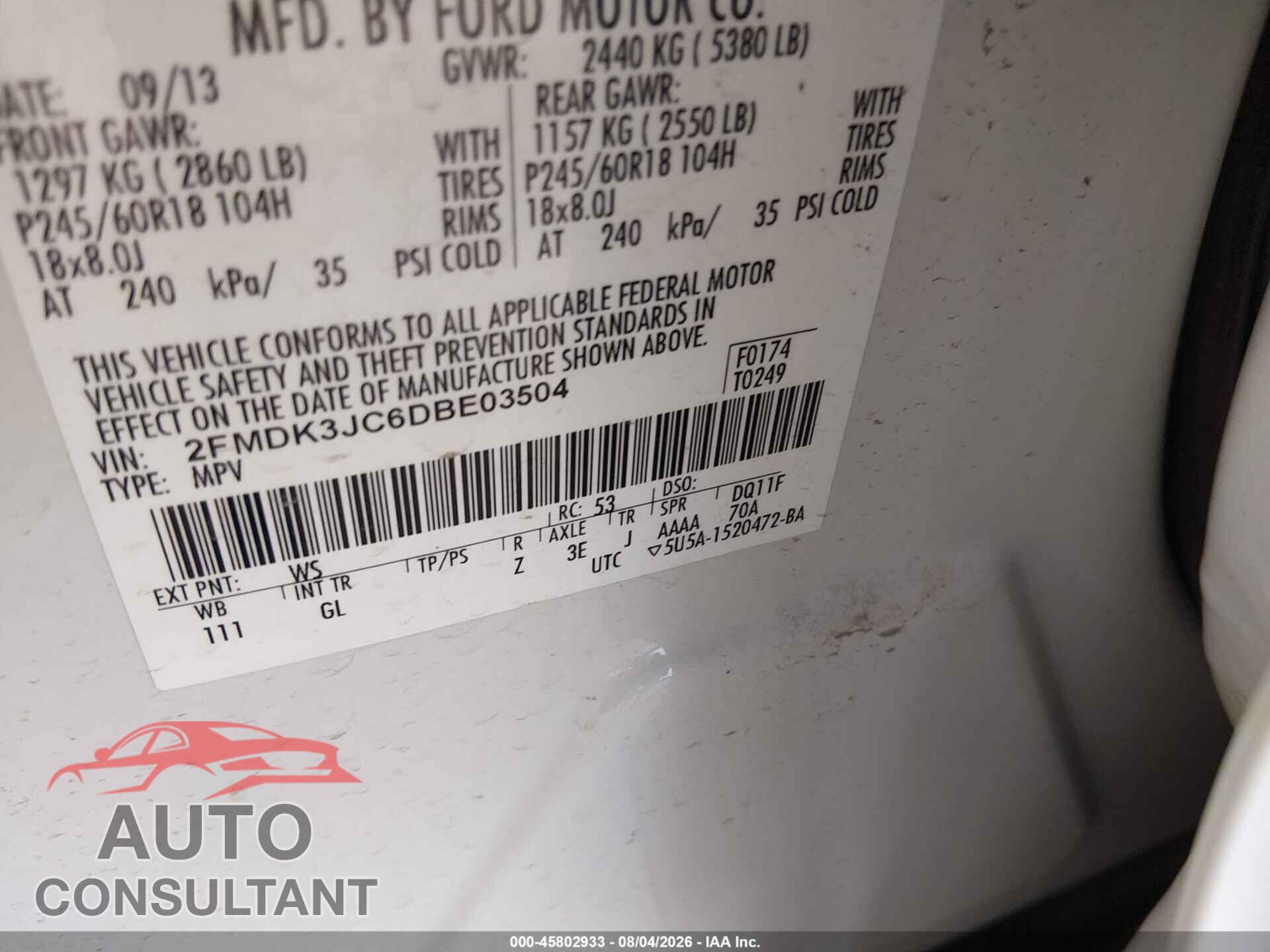 FORD EDGE 2013 - 2FMDK3JC6DBE03504