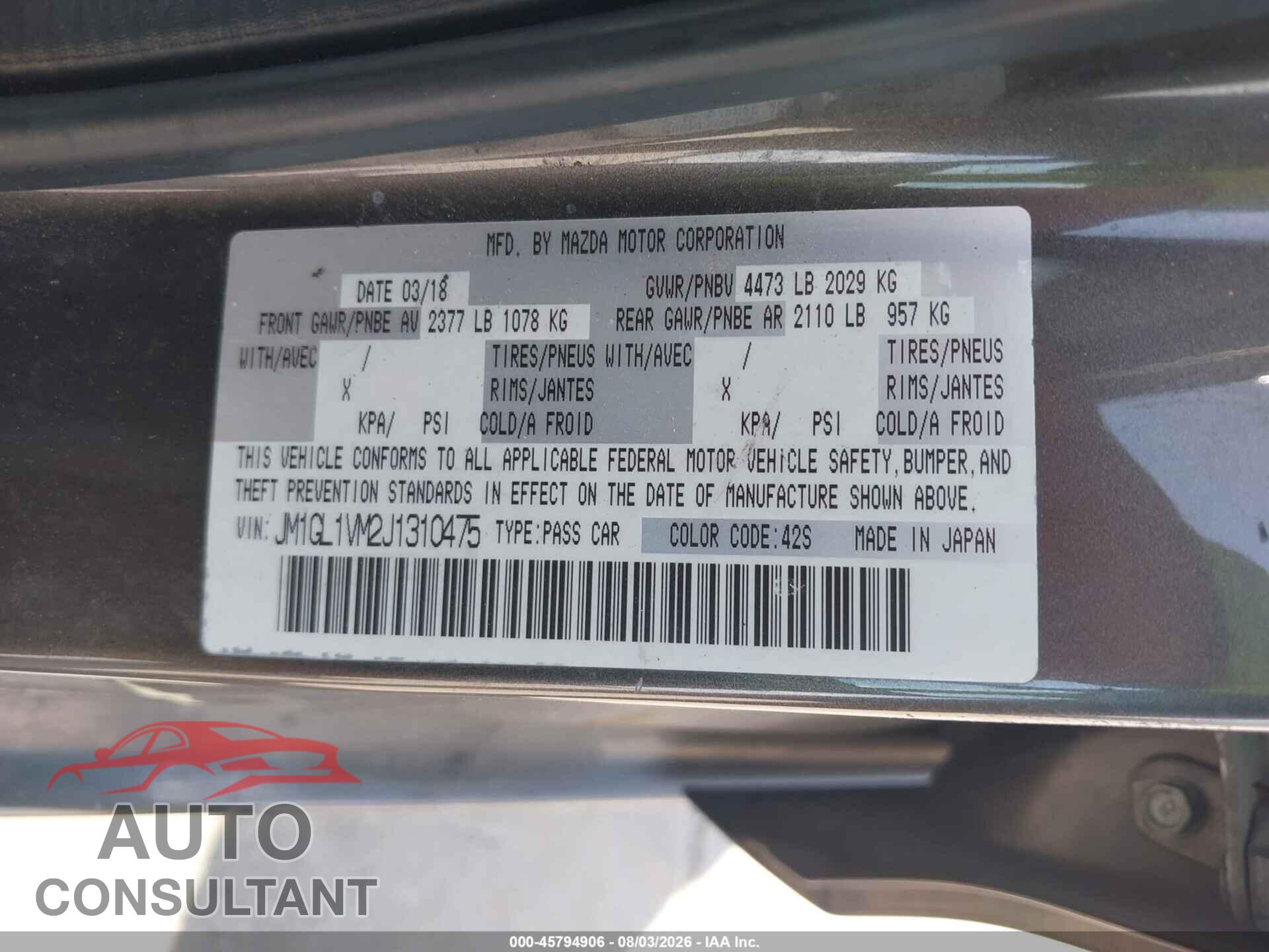 MAZDA MAZDA6 2018 - JM1GL1VM2J1310475