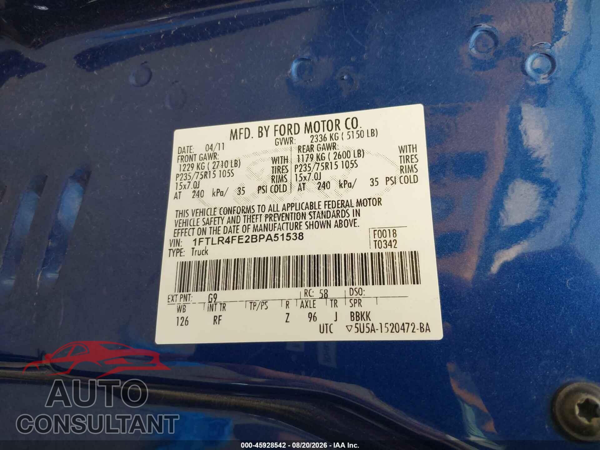 FORD RANGER 2011 - 1FTLR4FE2BPA51538