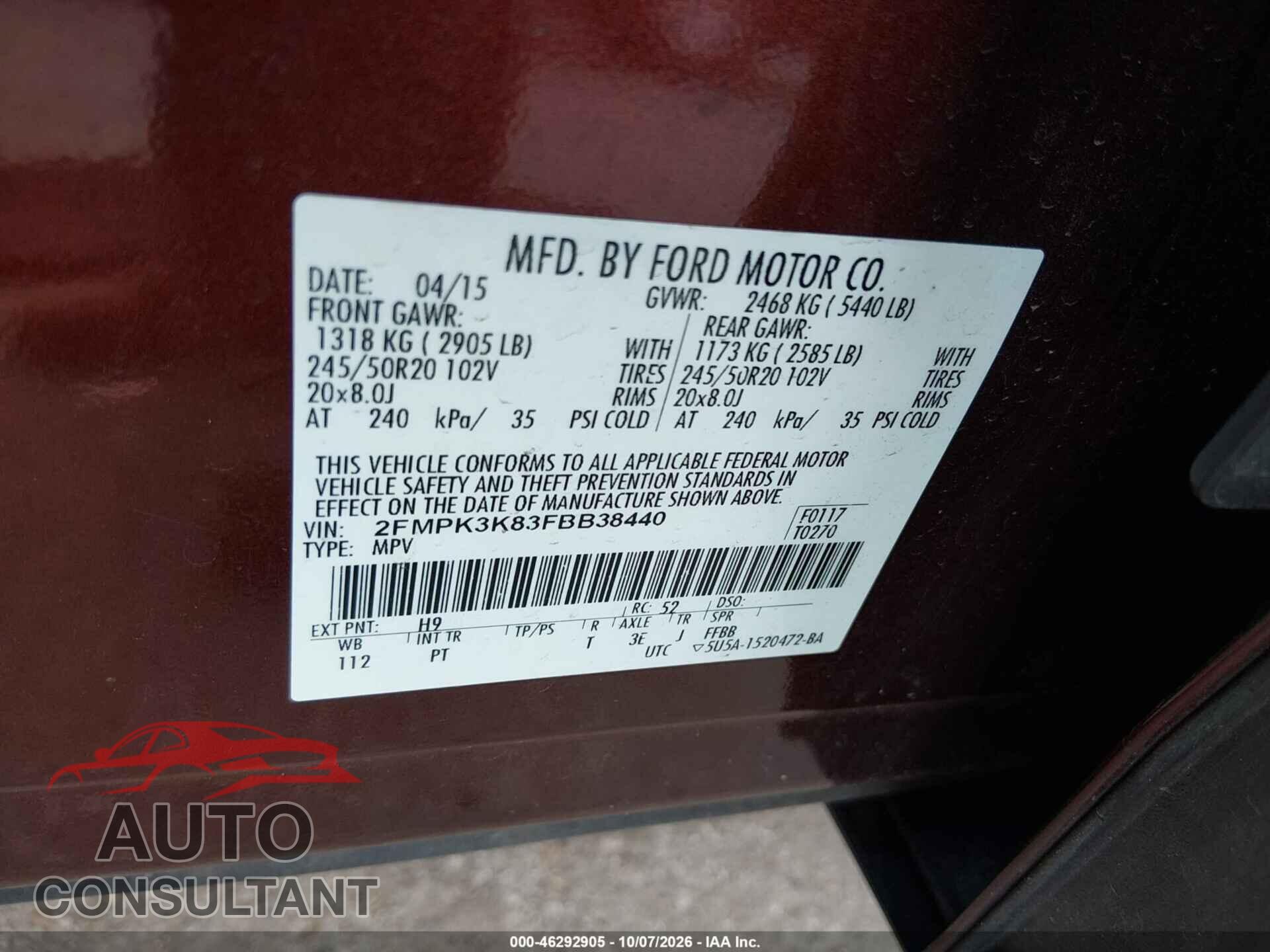 FORD EDGE 2015 - 2FMPK3K83FBB38440