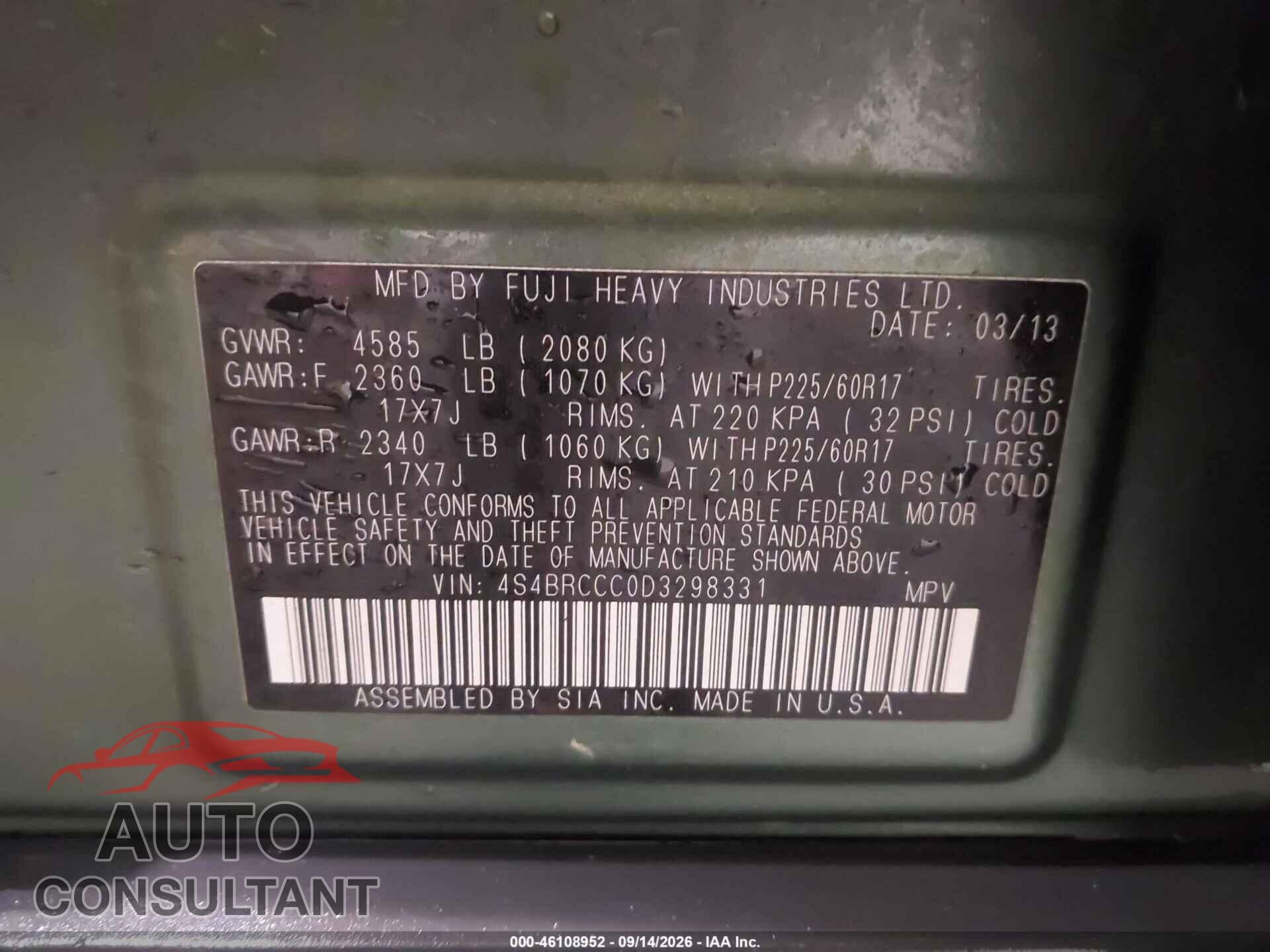 SUBARU OUTBACK 2013 - 4S4BRCCC0D3298331
