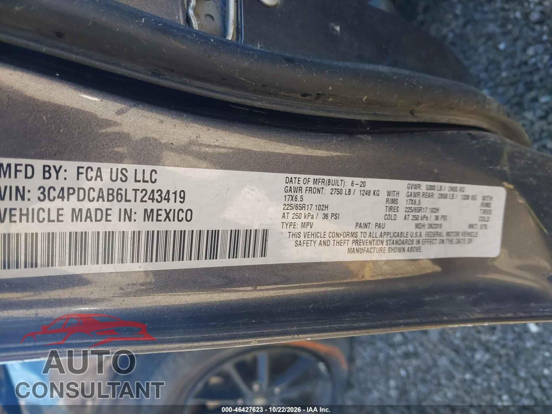DODGE JOURNEY 2020 - 3C4PDCAB6LT243419