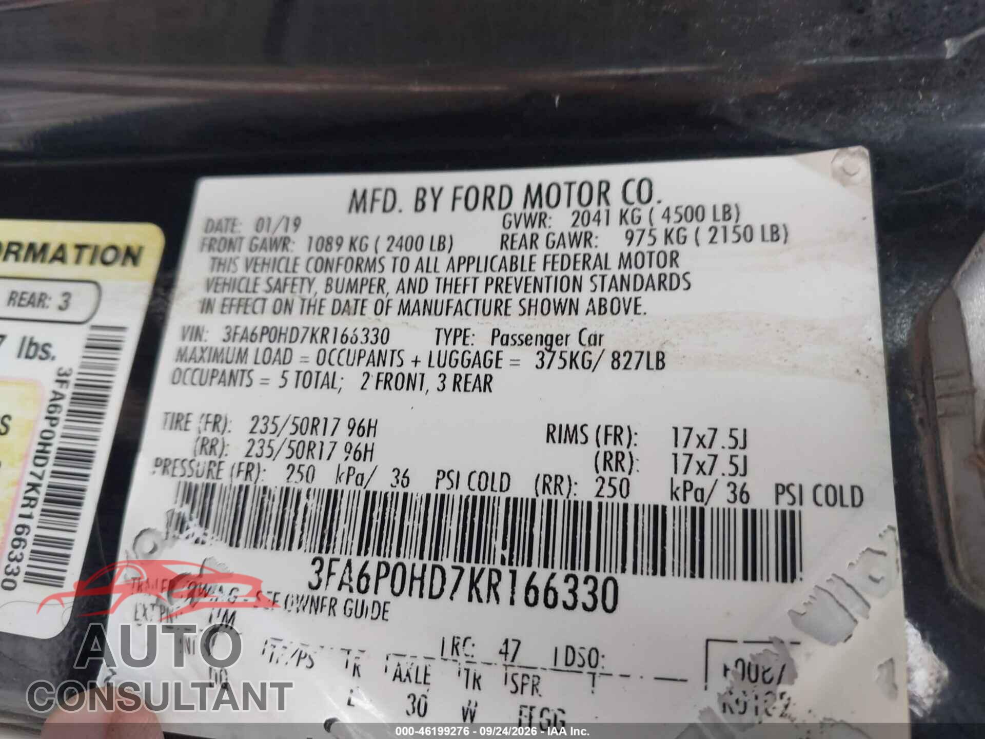 FORD FUSION 2019 - 3FA6P0HD7KR166330