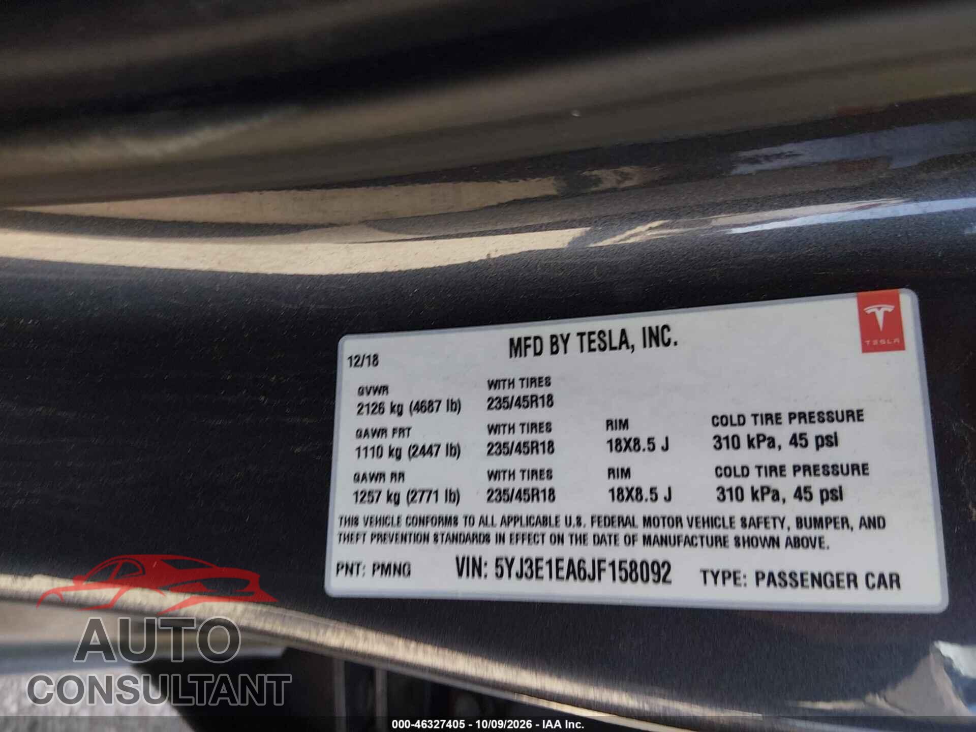 TESLA MODEL 3 2018 - 5YJ3E1EA6JF158092