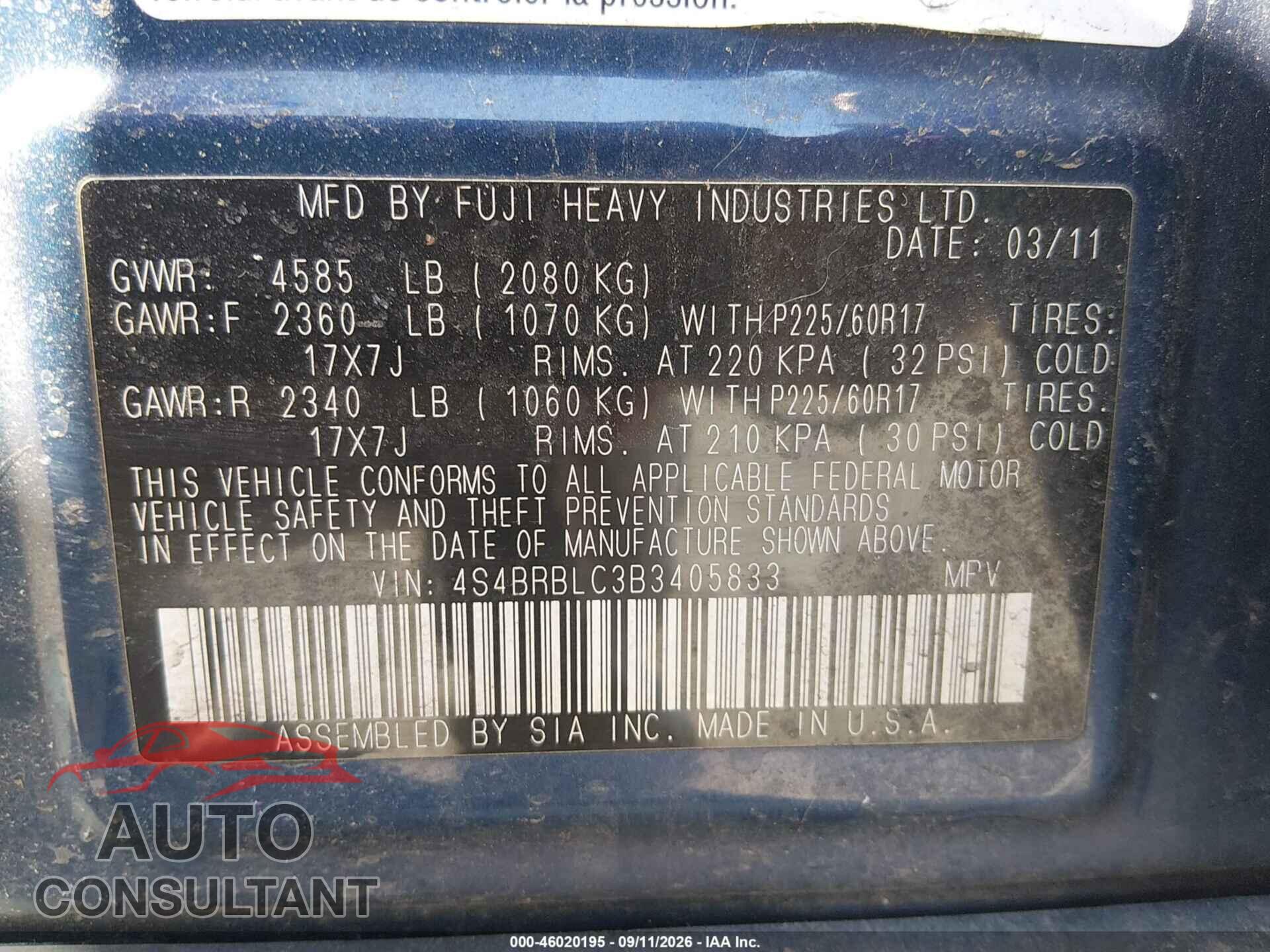 SUBARU OUTBACK 2011 - 4S4BRBLC3B3405833
