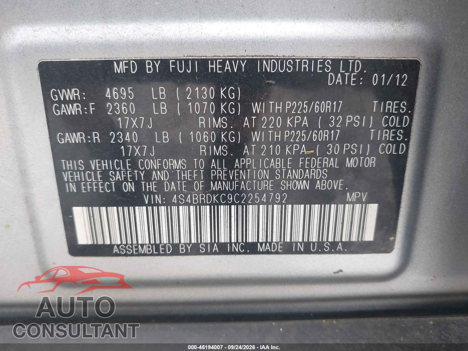 SUBARU OUTBACK 2012 - 4S4BRDKC9C2254792