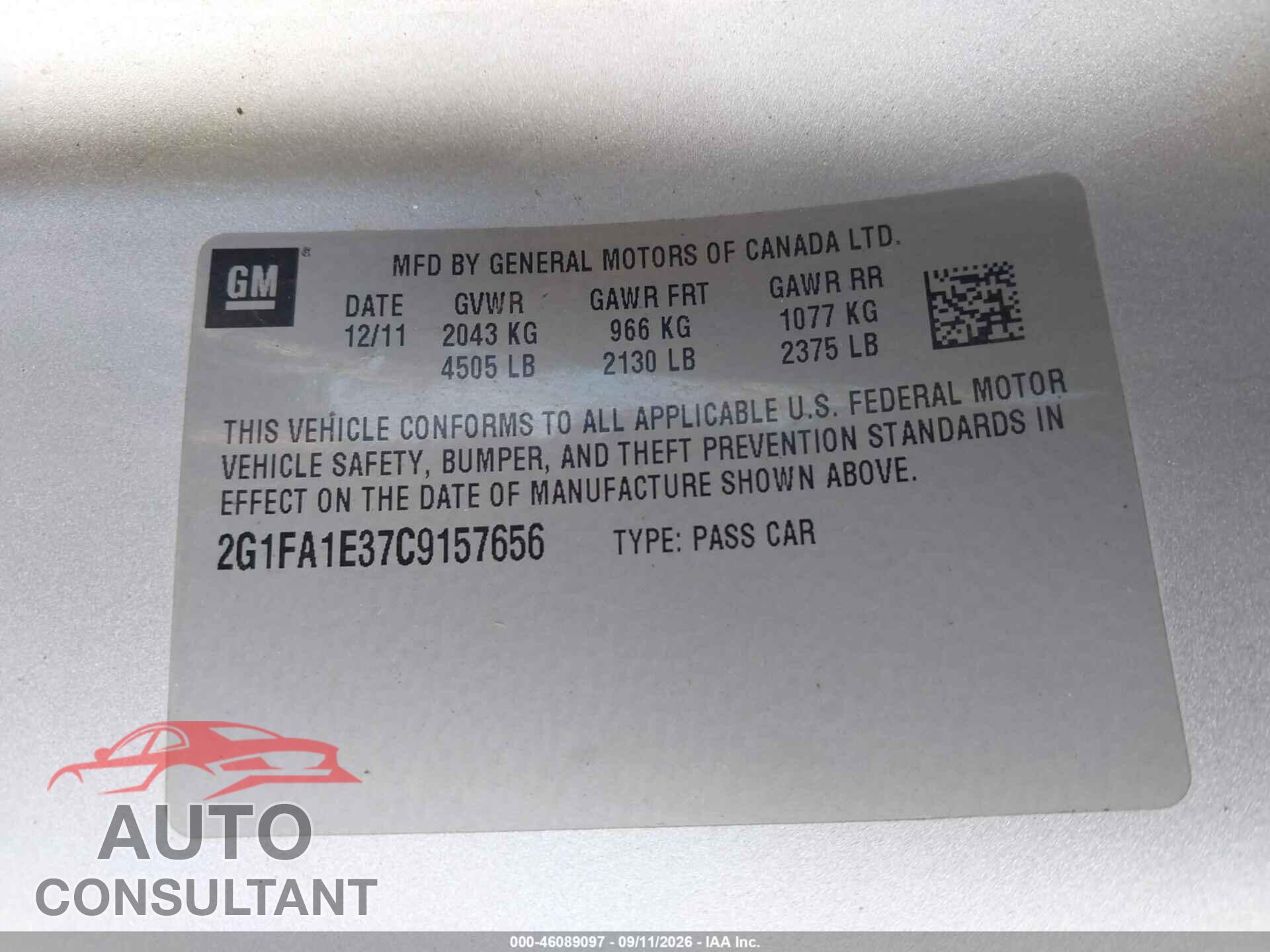 CHEVROLET CAMARO 2012 - 2G1FA1E37C9157656