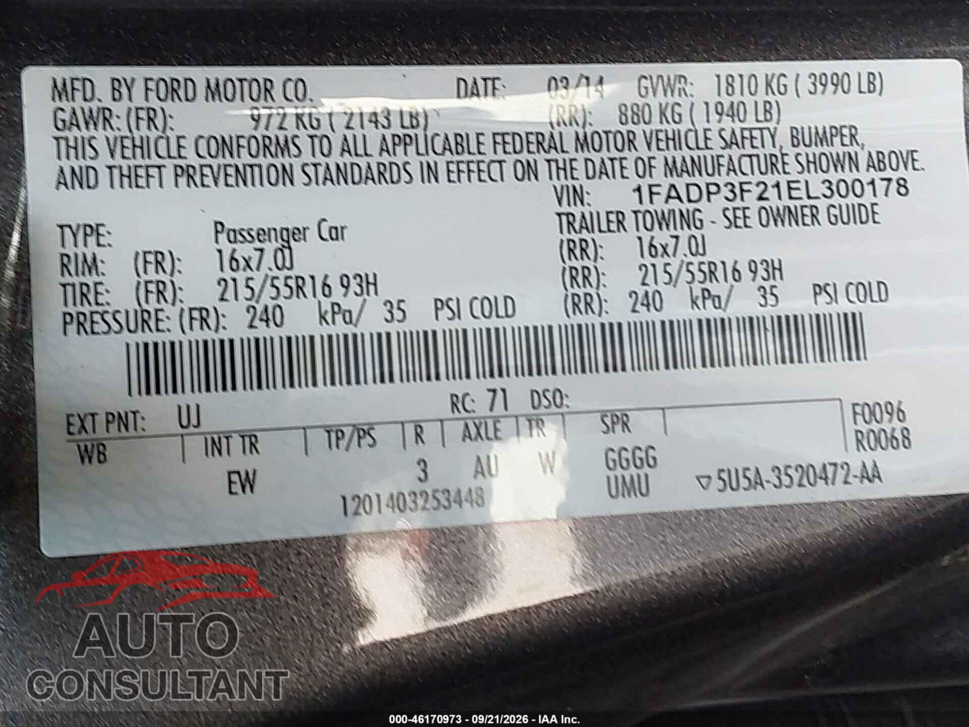 FORD FOCUS 2014 - 1FADP3F21EL300178