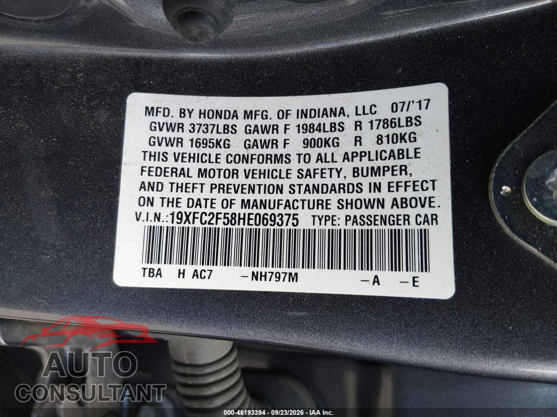 HONDA CIVIC 2017 - 19XFC2F58HE069375