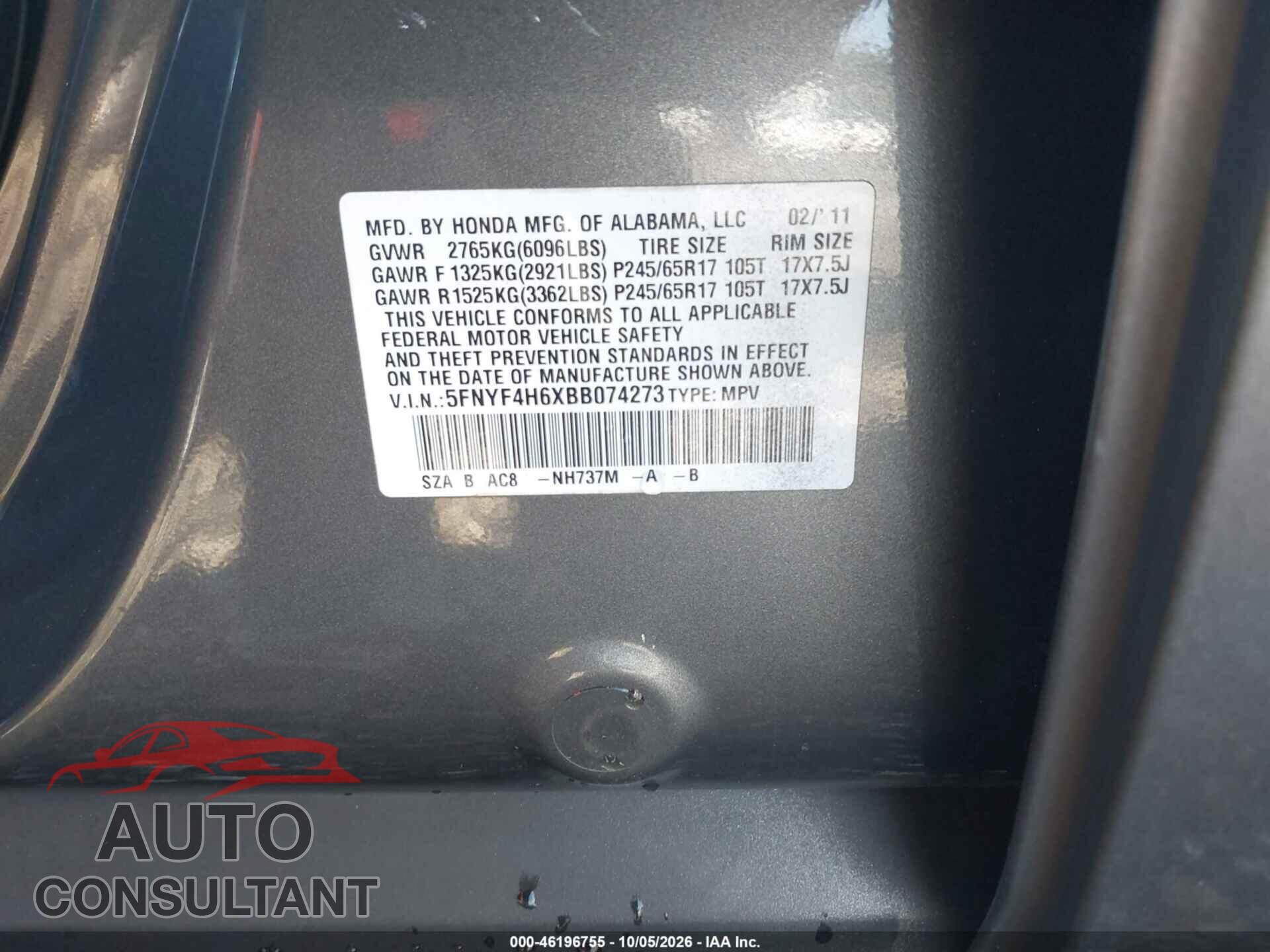 HONDA PILOT 2011 - 5FNYF4H6XBB074273