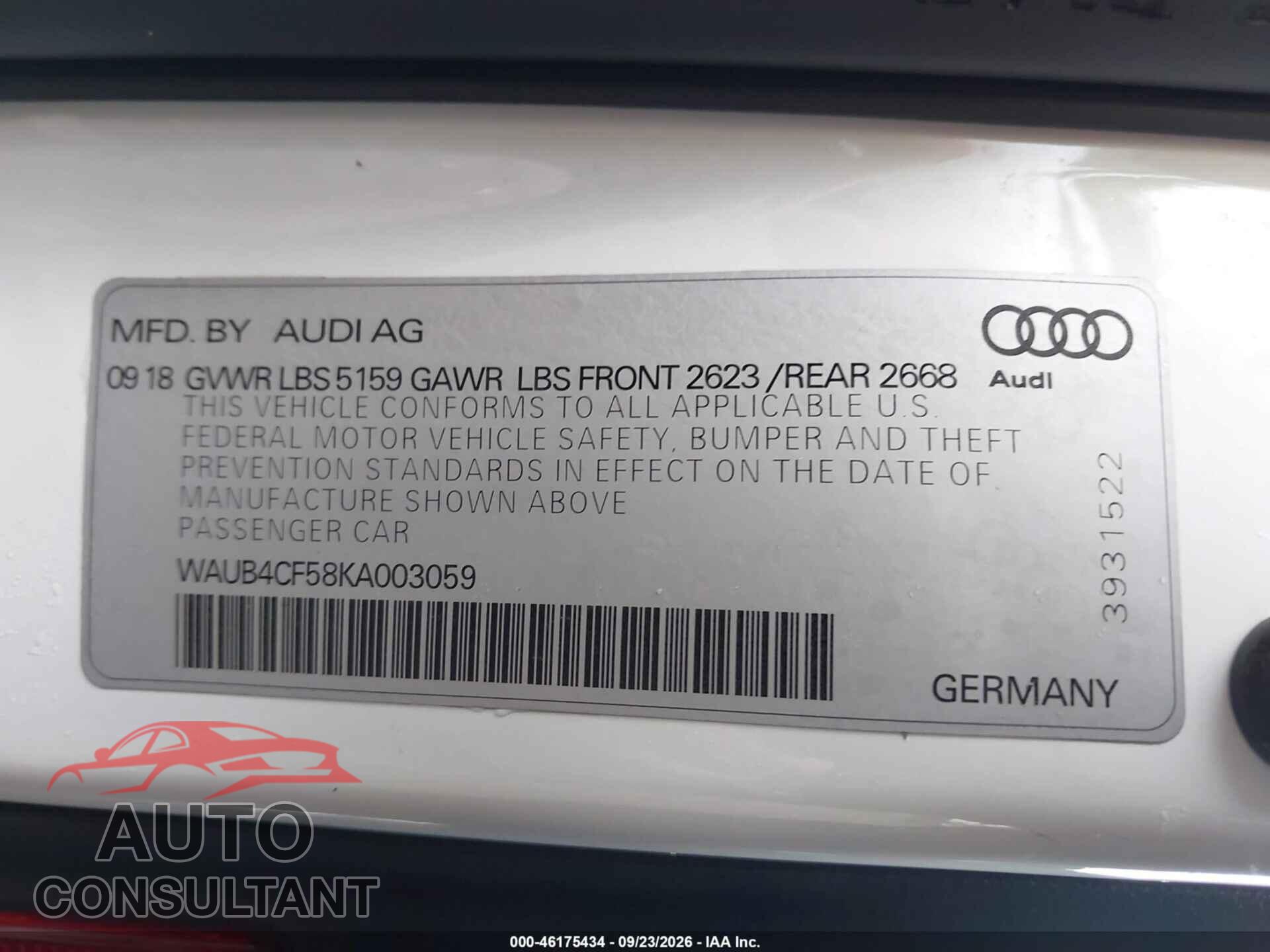 AUDI S5 2019 - WAUB4CF58KA003059