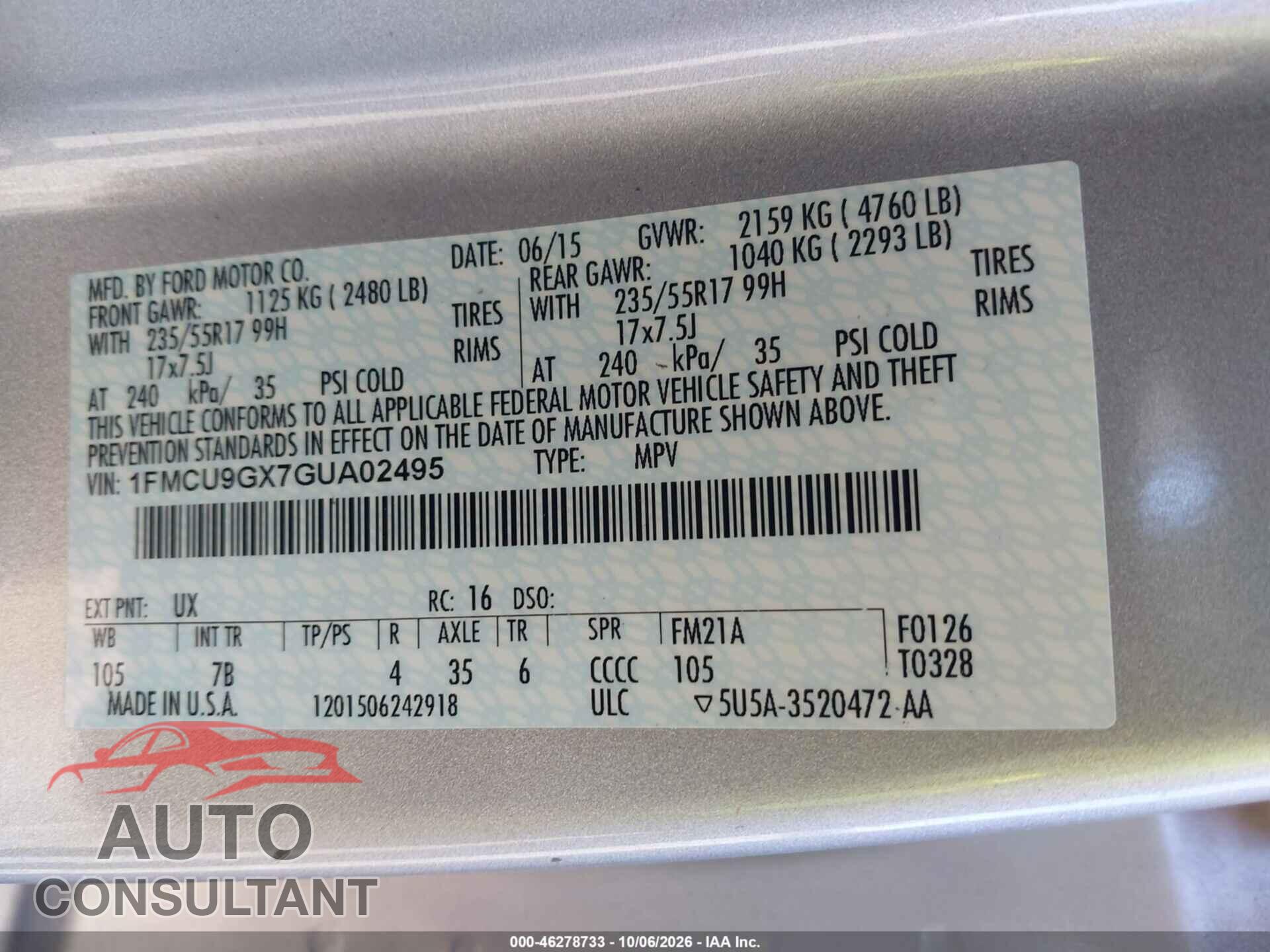 FORD ESCAPE 2016 - 1FMCU9GX7GUA02495