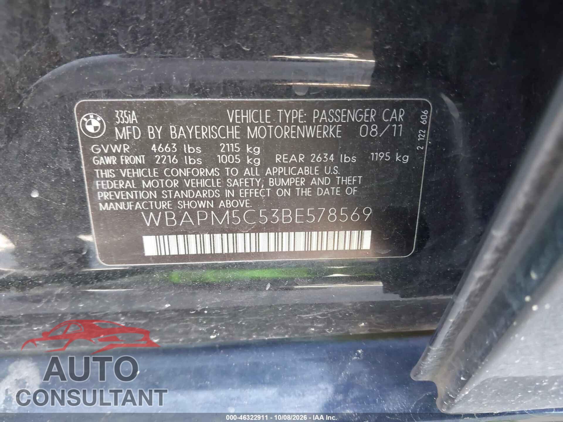 BMW 335I 2011 - WBAPM5C53BE578569