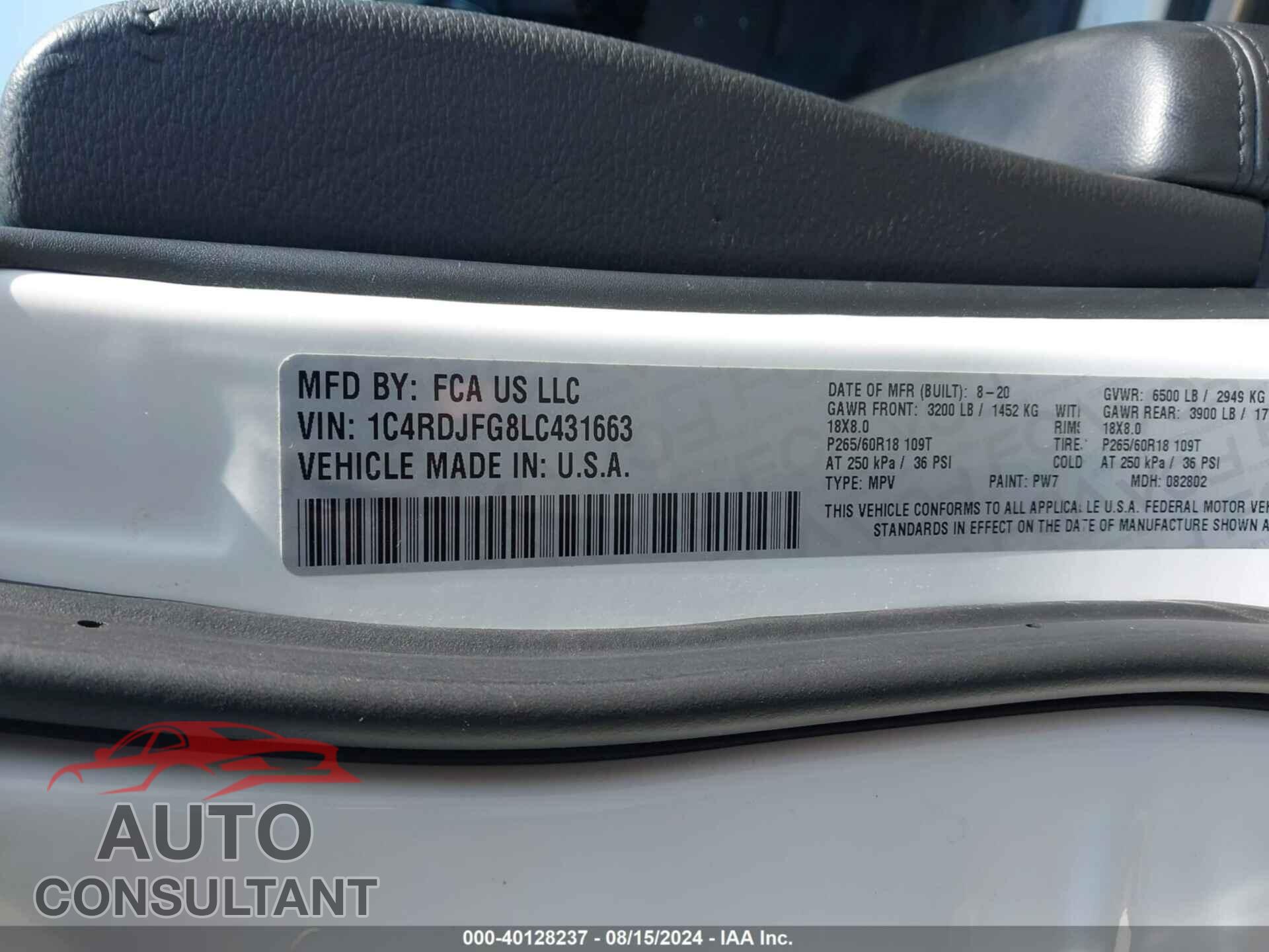 DODGE DURANGO 2020 - 1C4RDJFG8LC431663