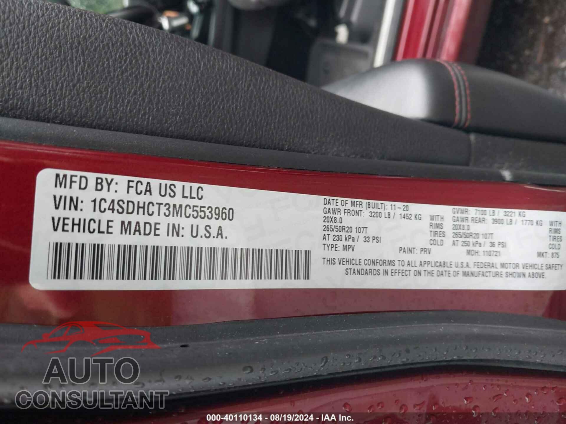 DODGE DURANGO 2021 - 1C4SDHCT3MC553960