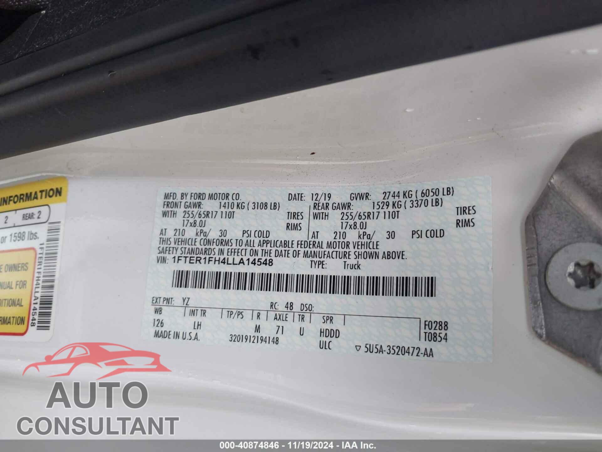 FORD RANGER 2020 - 1FTER1FH4LLA14548