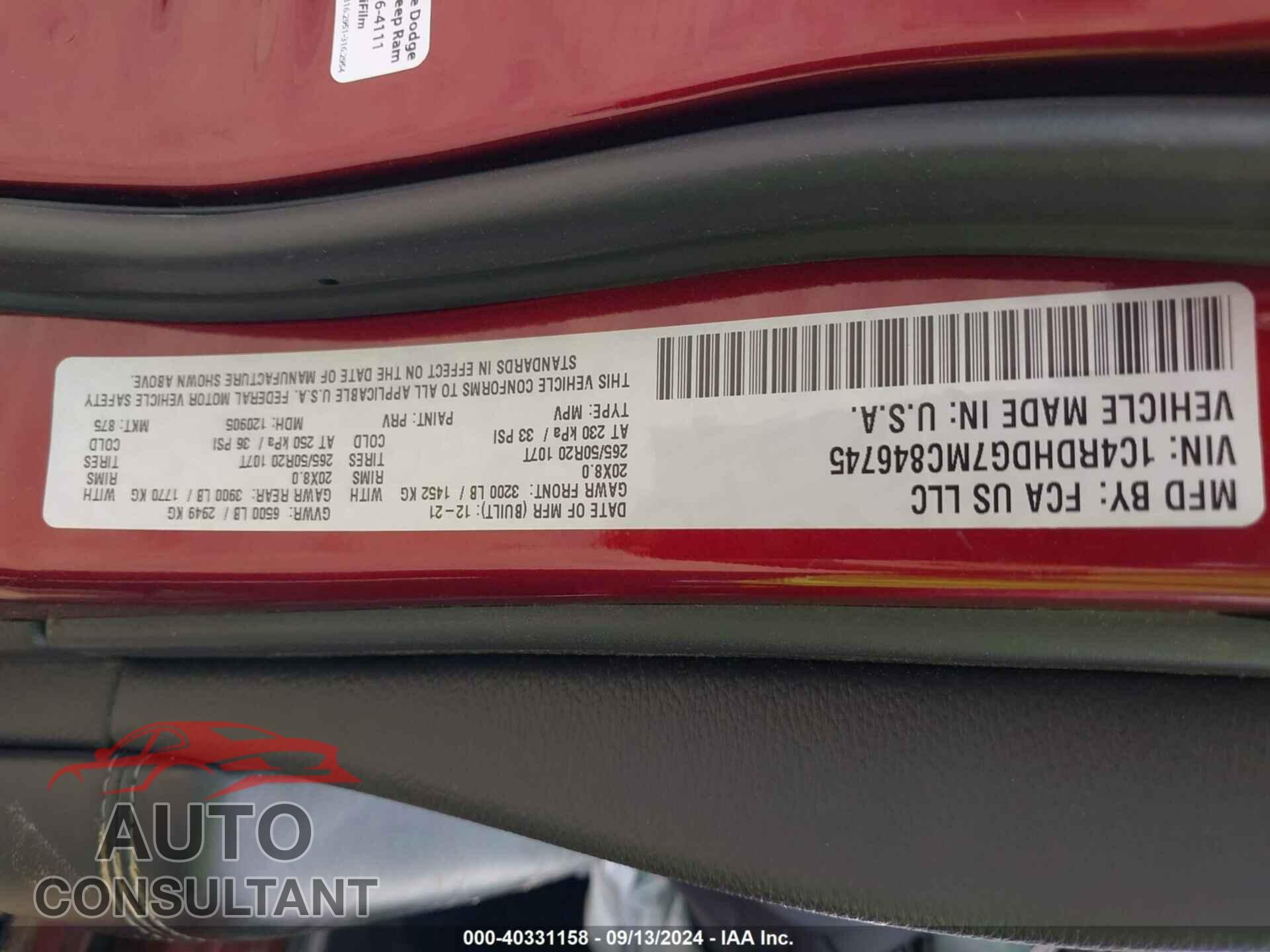 DODGE DURANGO 2021 - 1C4RDHDG7MC846745