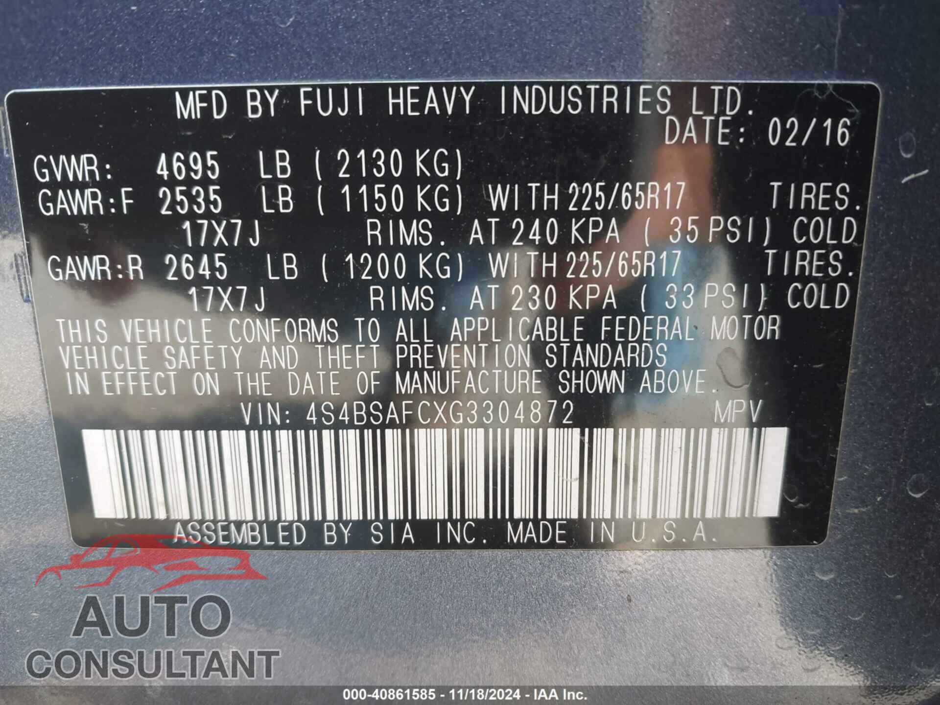 SUBARU OUTBACK 2016 - 4S4BSAFCXG3304872