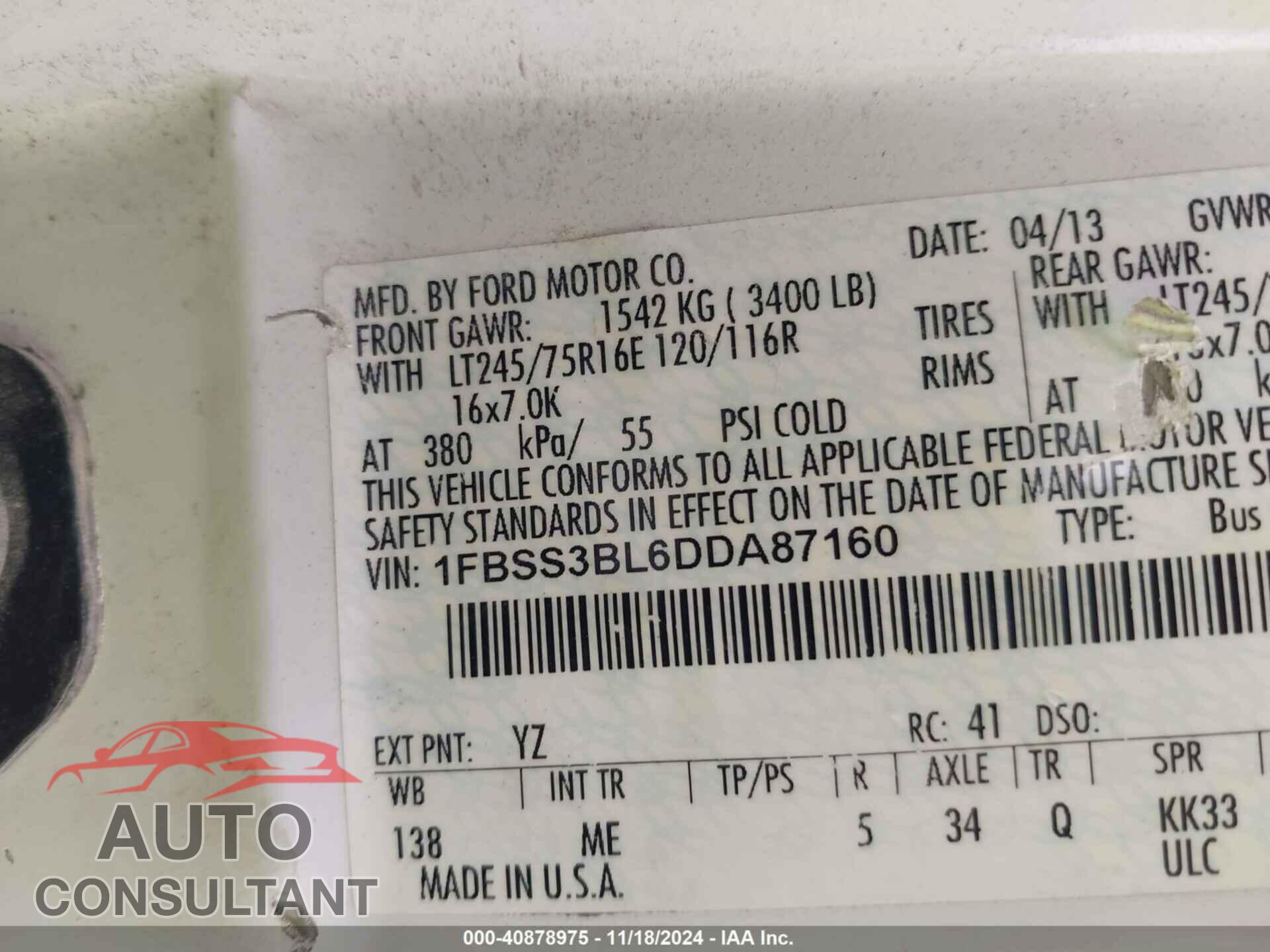 FORD ECONOLINE WAGON 2013 - 1FBSS3BL6DDA87160