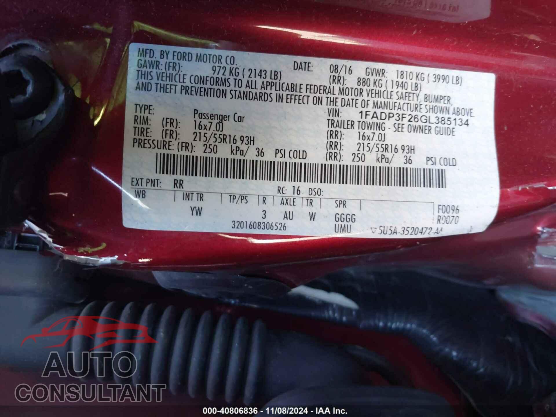 FORD FOCUS 2016 - 1FADP3F26GL385134