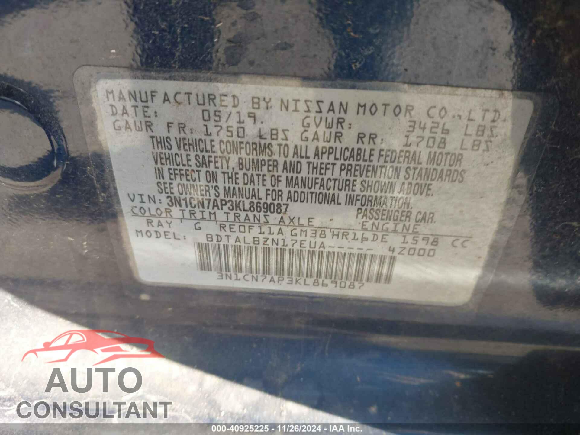NISSAN VERSA 2019 - 3N1CN7AP3KL869087