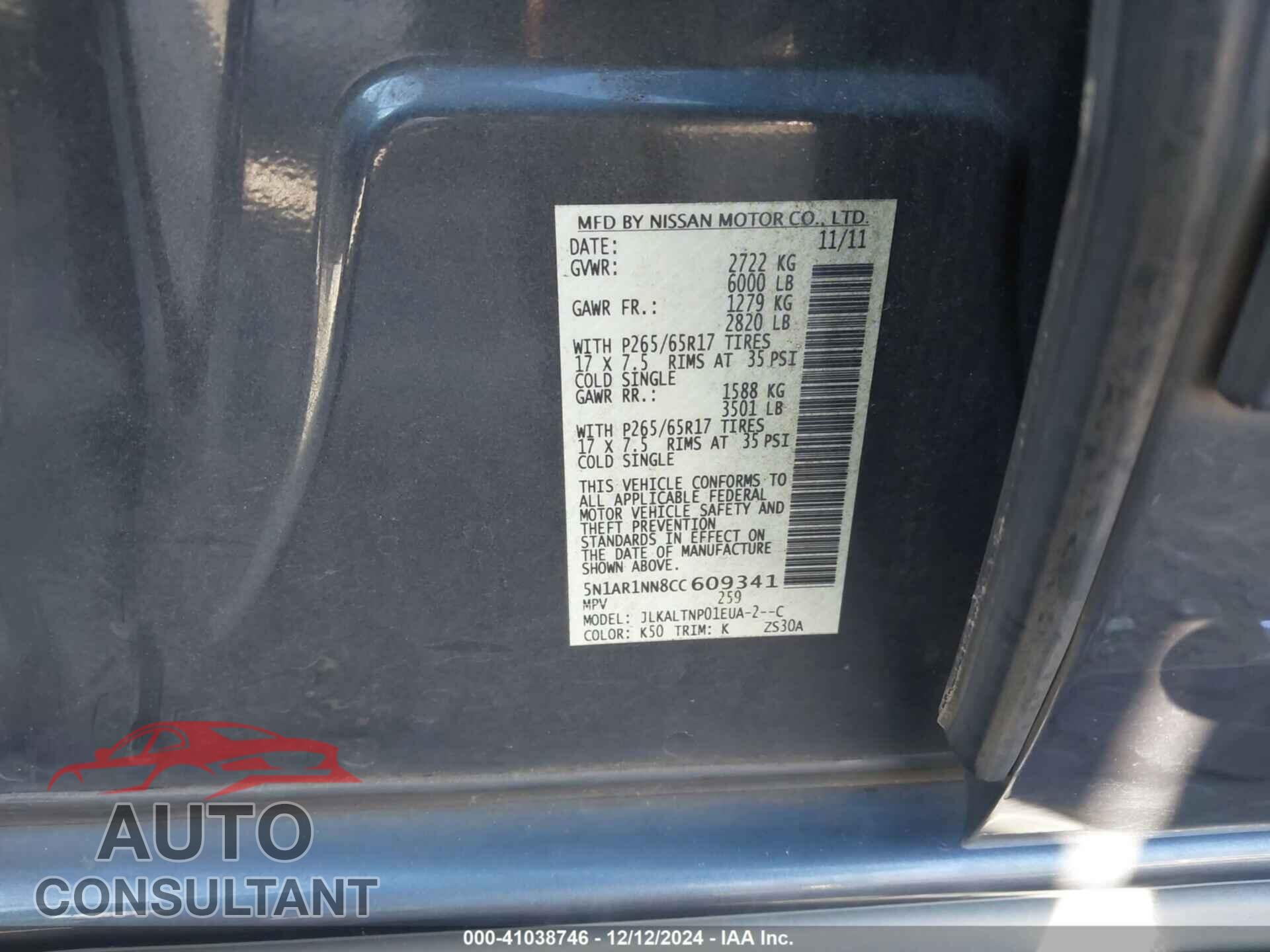 NISSAN PATHFINDER 2012 - 5N1AR1NN8CC609341