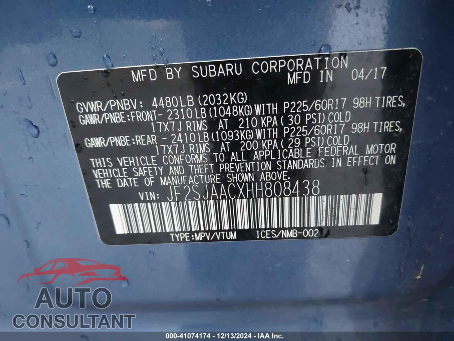 SUBARU FORESTER 2017 - JF2SJAACXHH808438