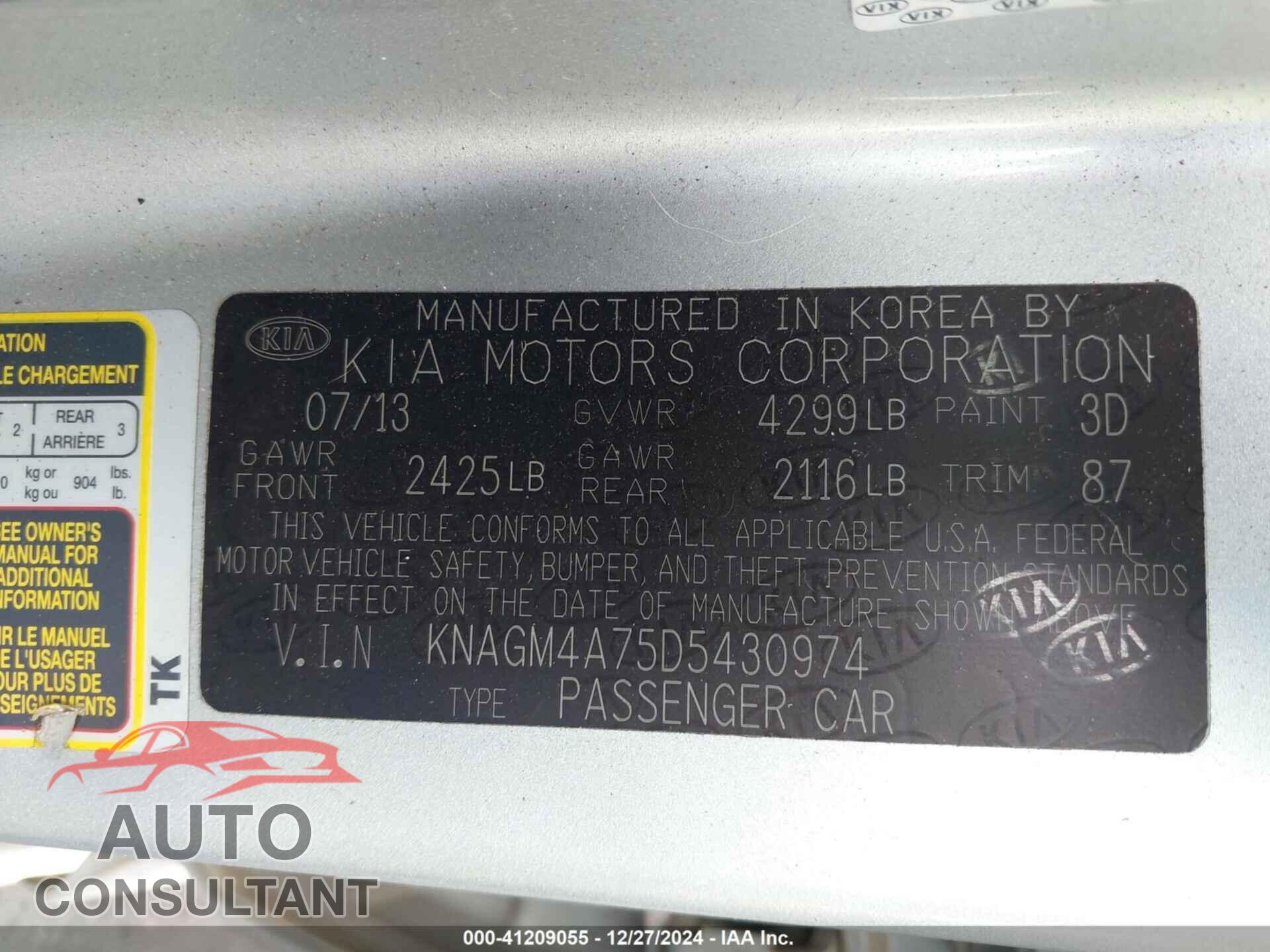 KIA OPTIMA 2013 - KNAGM4A75D5430974