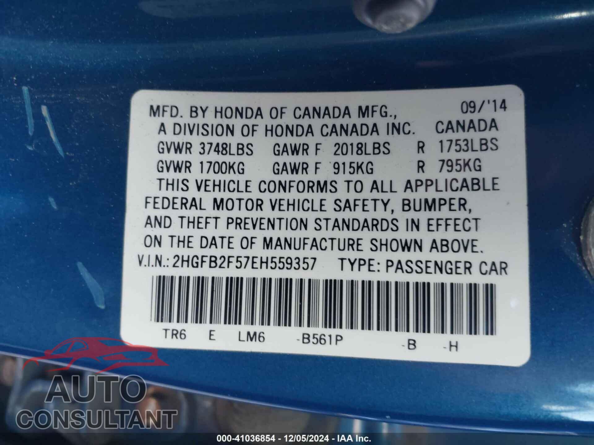 HONDA CIVIC 2014 - 2HGFB2F57EH559357